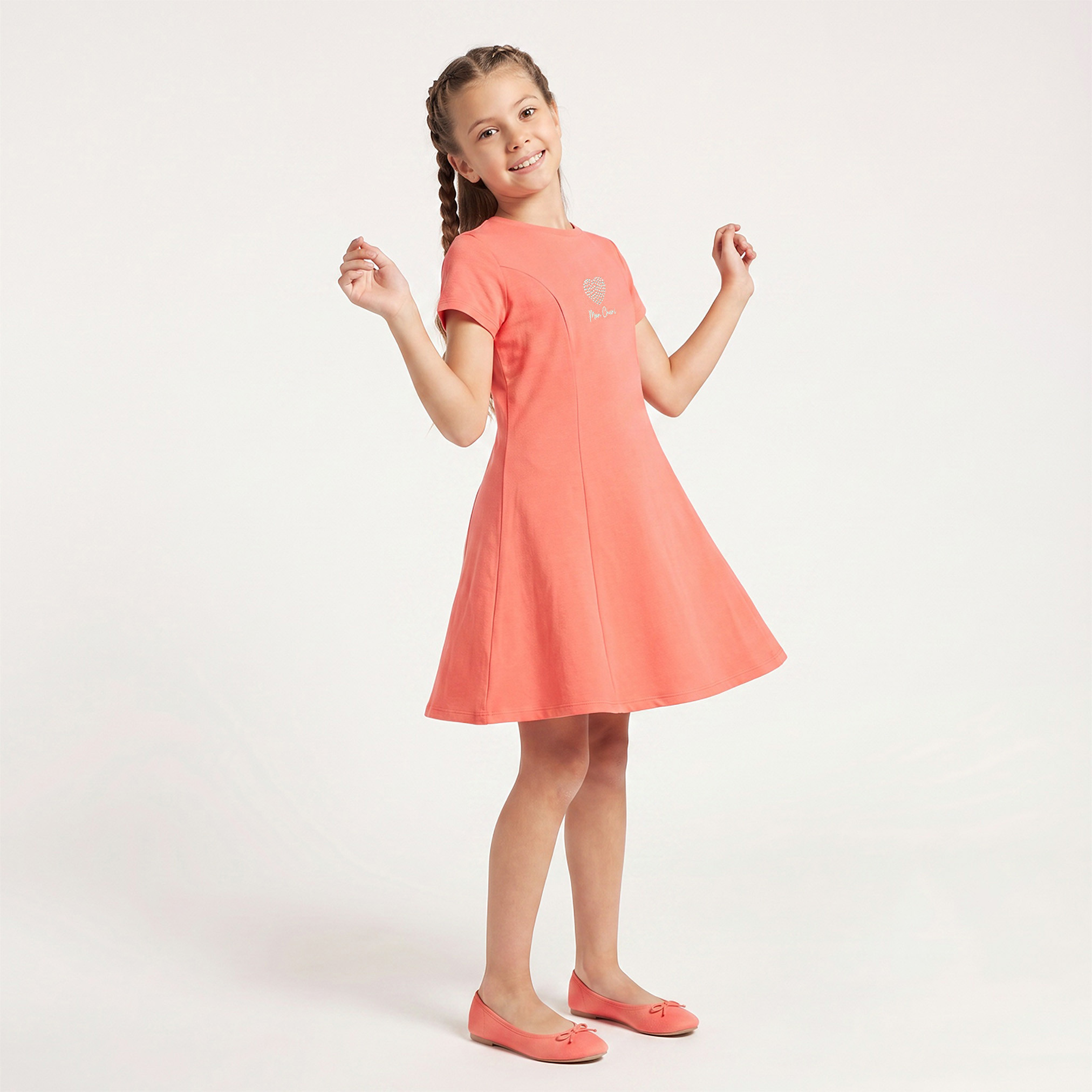 Juniors Round Neck Short Sleeves Knee Length A-line Dress with Embellished Heart Detail-girls-clothing-dressesandjumpsuits-image-5