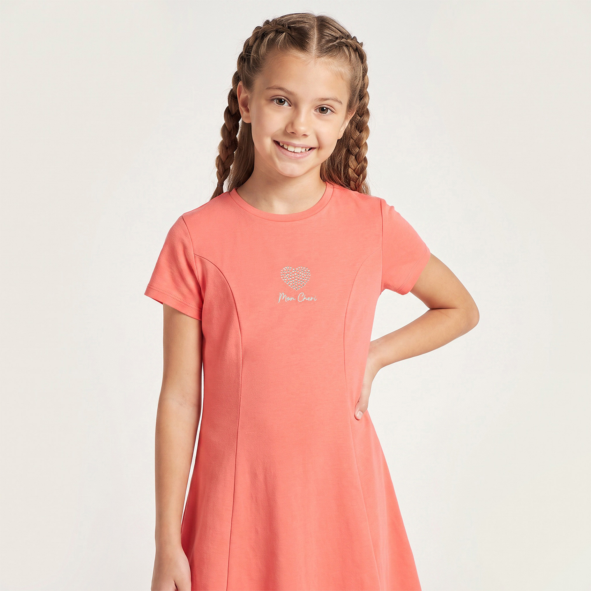 Juniors Round Neck Short Sleeves Knee Length A-line Dress with Embellished Heart Detail-girls-clothing-dressesandjumpsuits-image-6