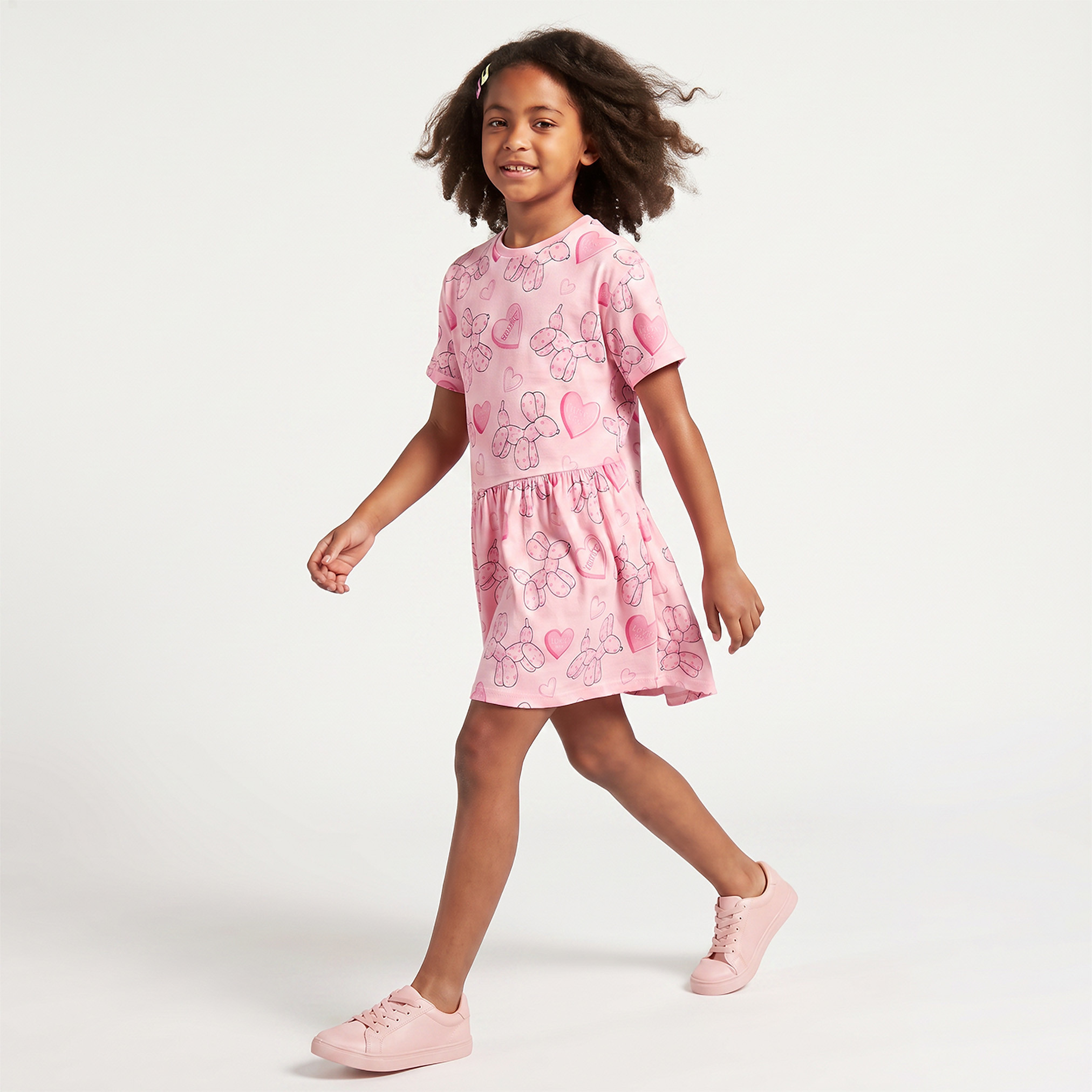 Juniors Round Neck Short Sleeves Knee Length A-line Dress with Heart Print-girls-clothing-dressesandjumpsuits-image-1