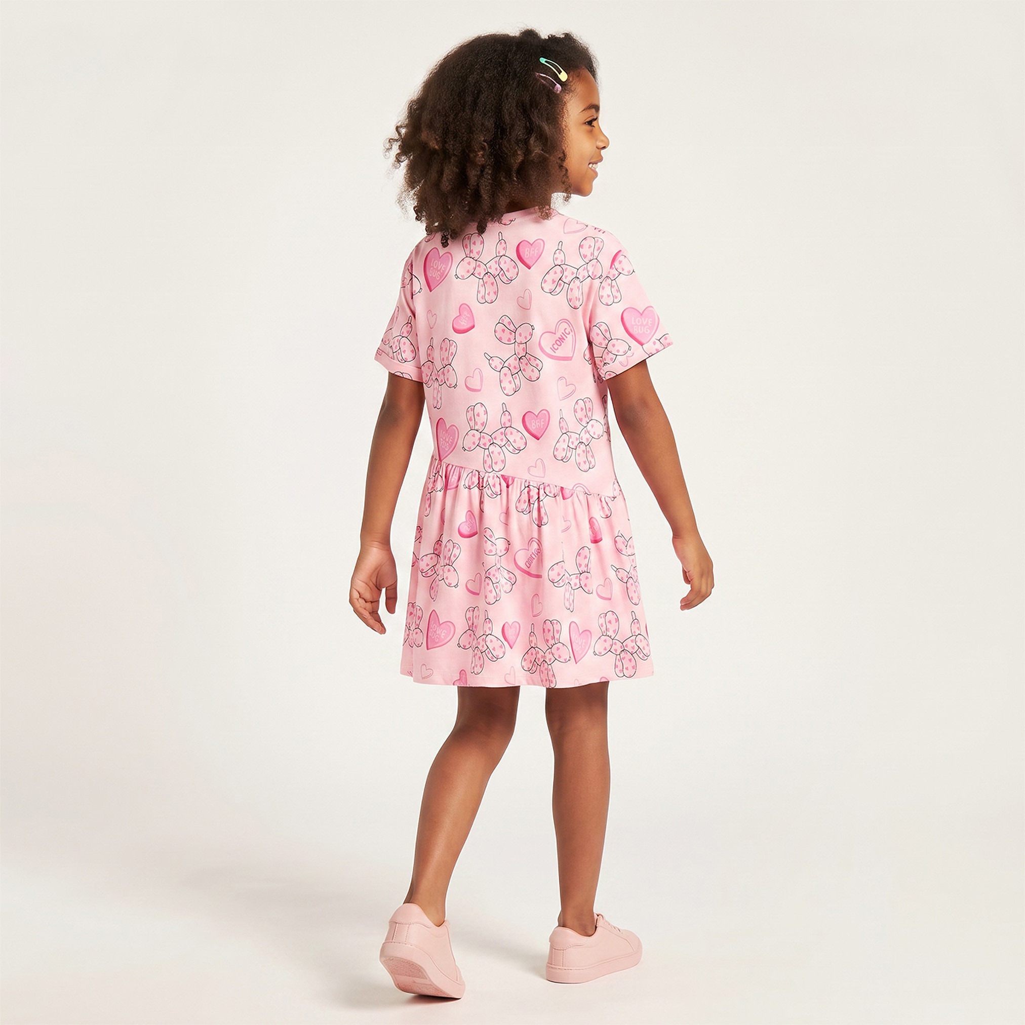 Juniors Round Neck Short Sleeves Knee Length A-line Dress with Heart Print-girls-clothing-dressesandjumpsuits-image-2