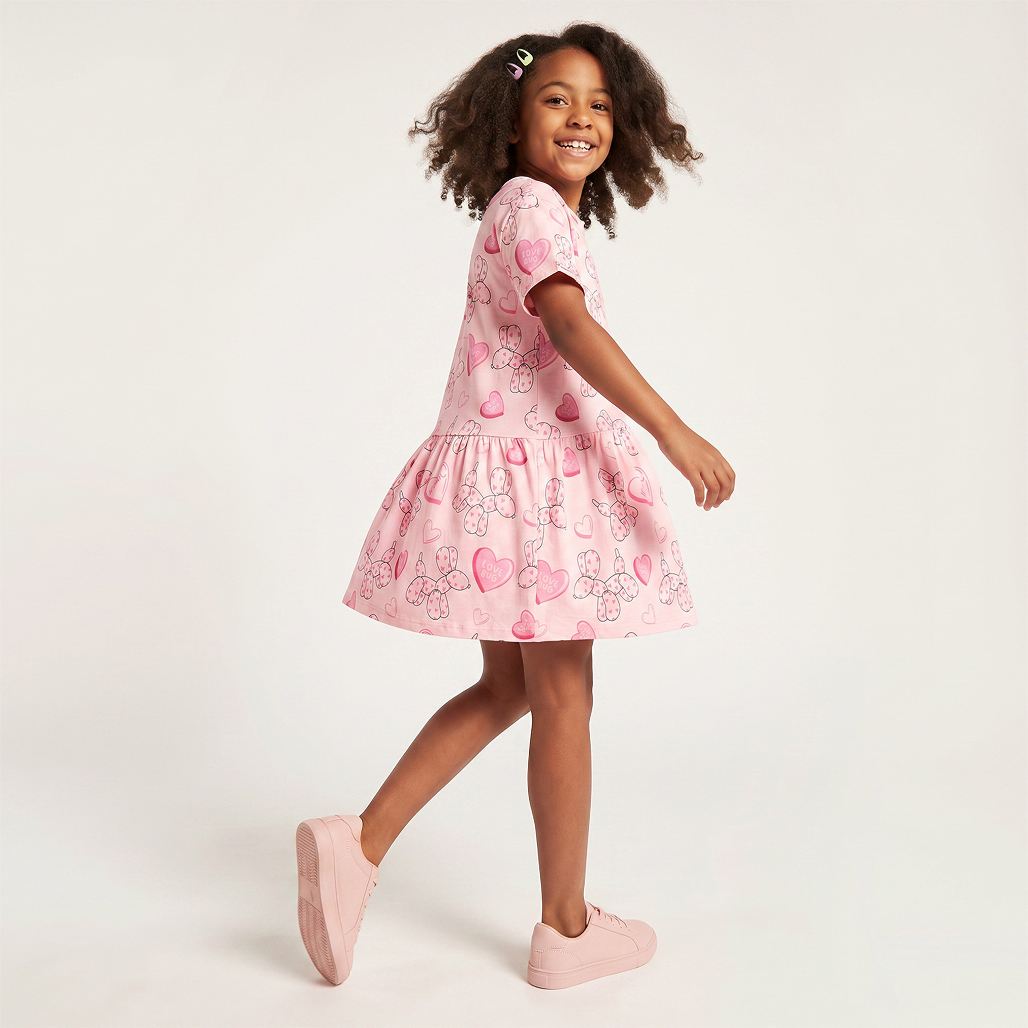 Juniors Round Neck Short Sleeves Knee Length A-line Dress with Heart Print-girls-clothing-dressesandjumpsuits-image-4
