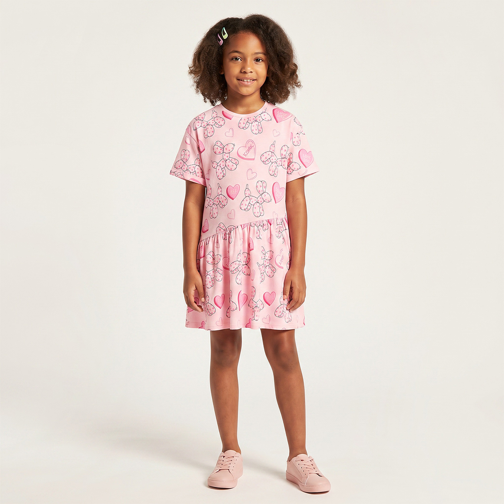 Juniors Round Neck Short Sleeves Knee Length A-line Dress with Heart Print-girls-clothing-dressesandjumpsuits-image-5
