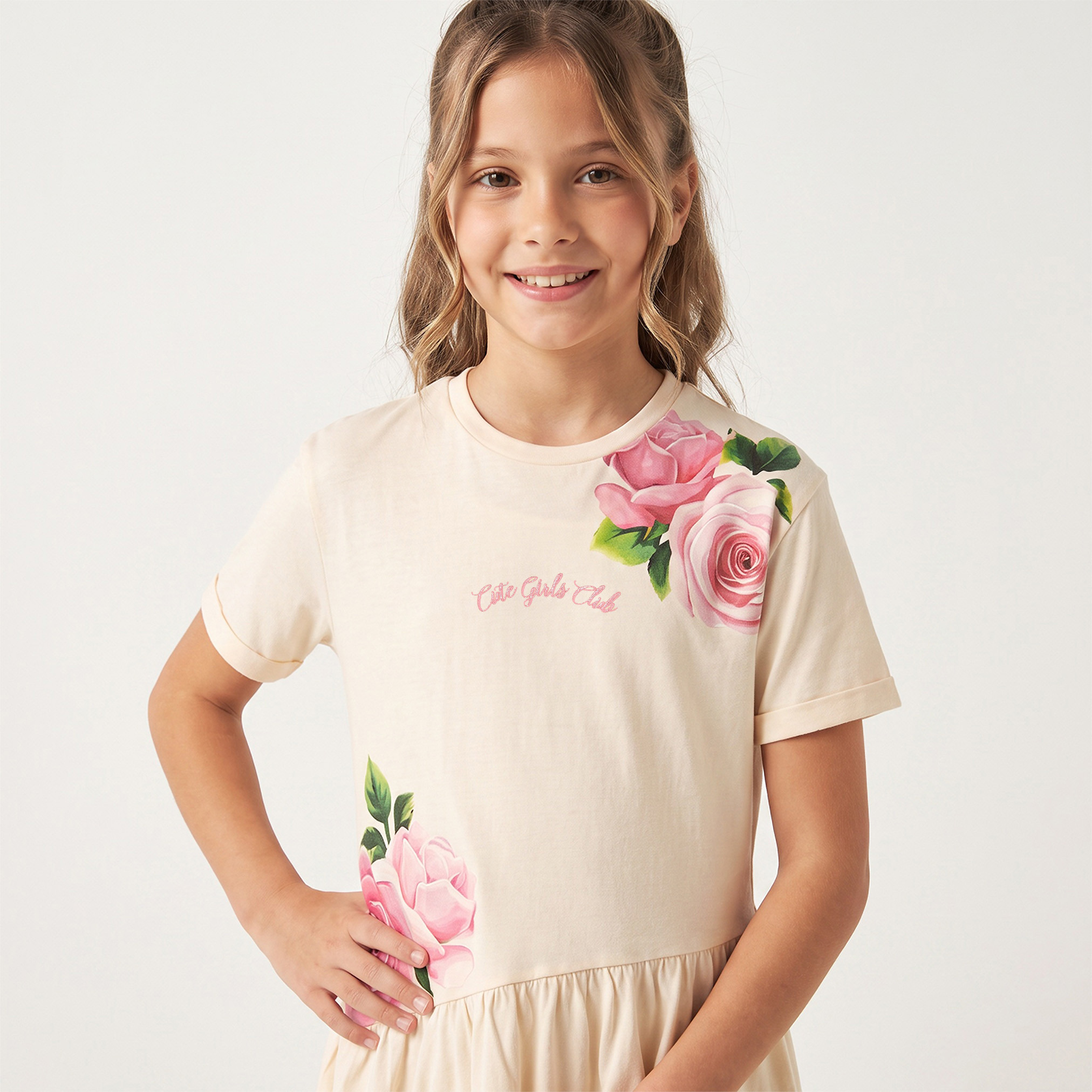 فستان بقصة A بياقة مستديرة وأكمام قصيرة بطول الركبة بطبعة زهور من جونيورز-girls-clothing-dressesandjumpsuits-image-6