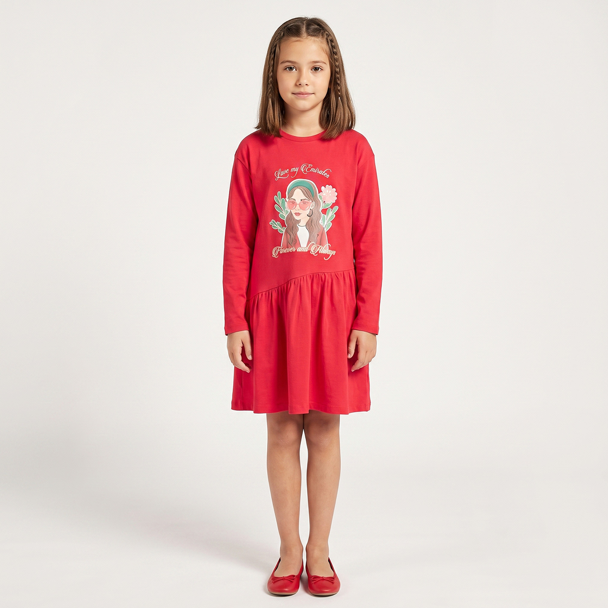 Juniors Round Neck Long Sleeves A-line Dress with Graphic Print-girls-clothing-dressesandjumpsuits-image-1