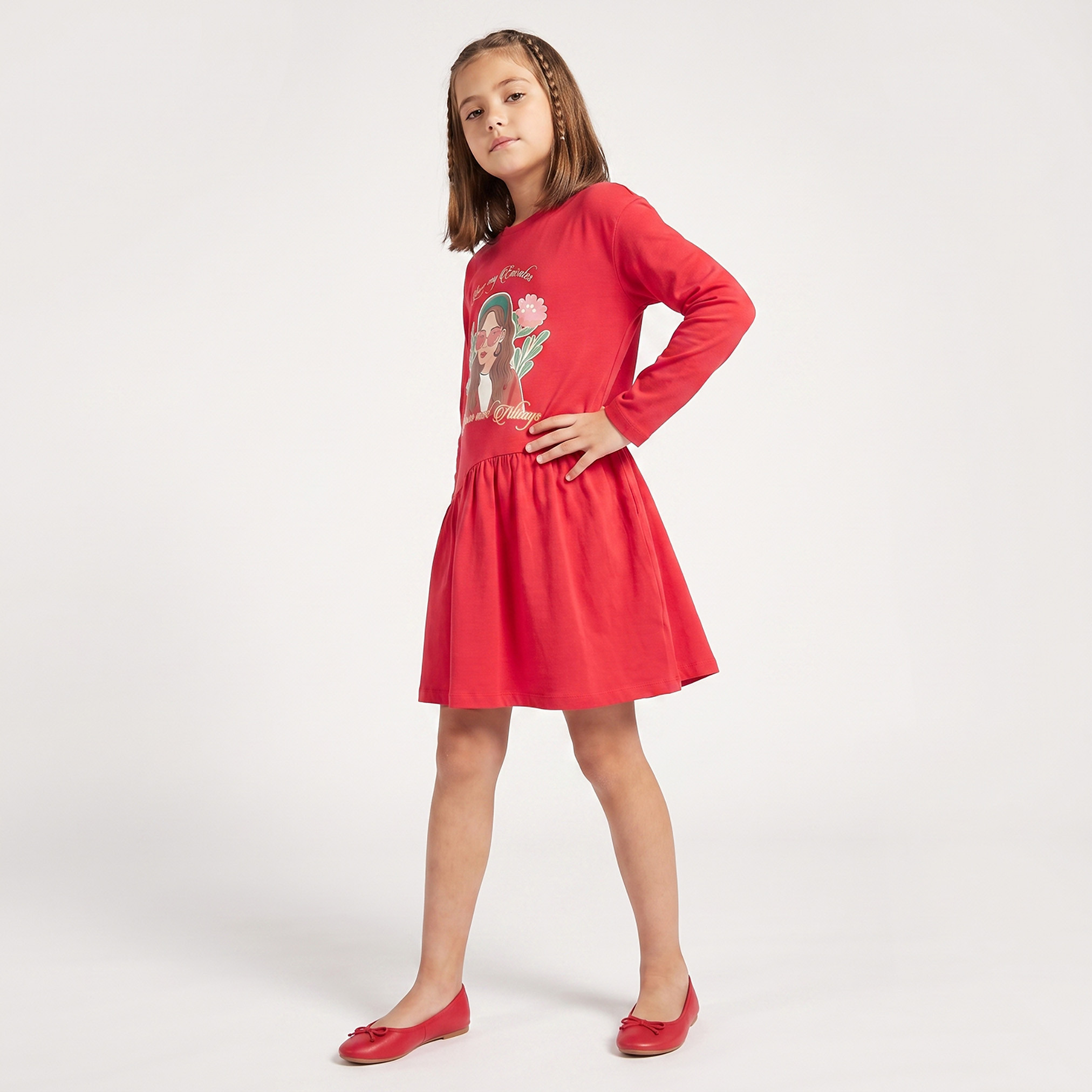 Juniors Round Neck Long Sleeves A-line Dress with Graphic Print-girls-clothing-dressesandjumpsuits-image-4