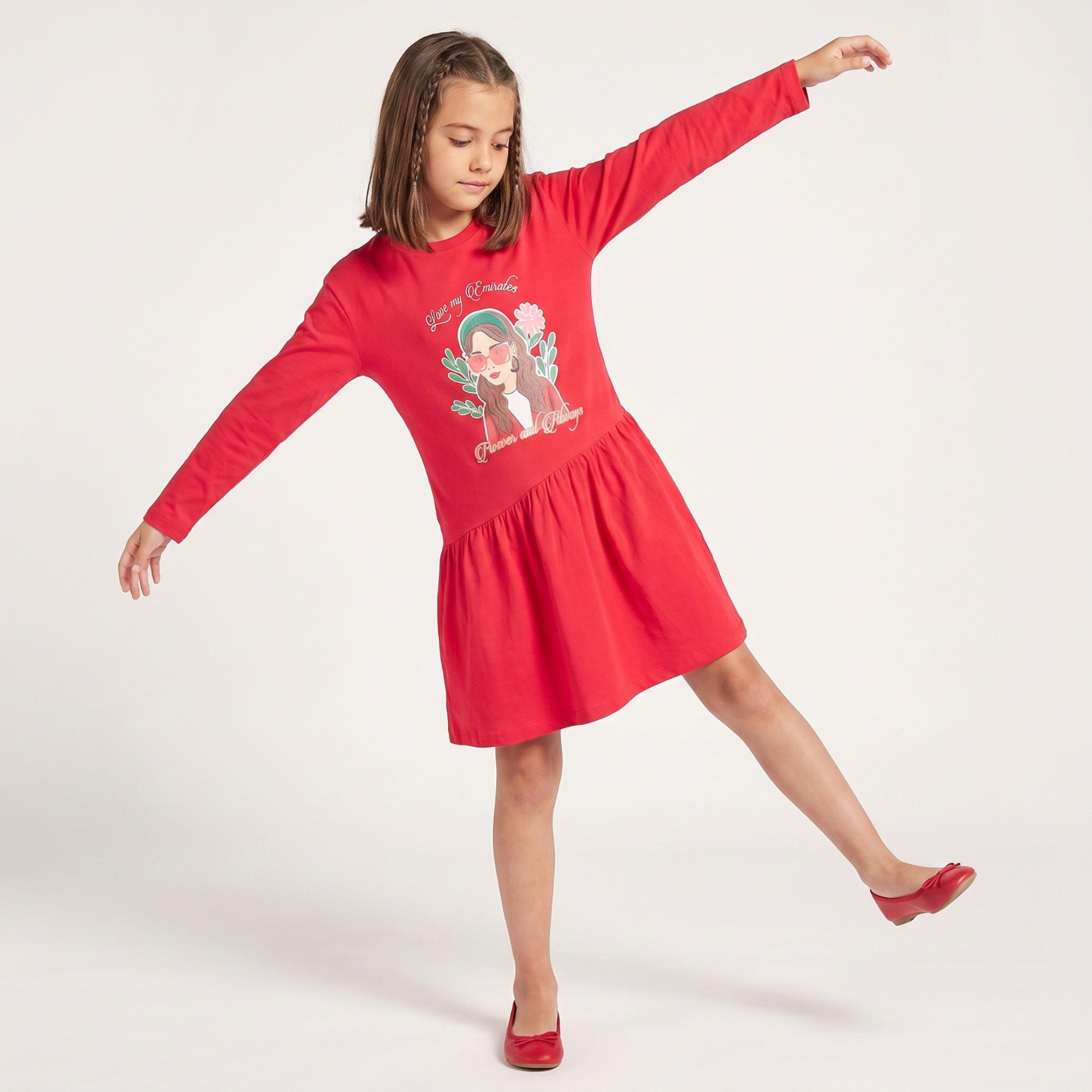 Juniors Round Neck Long Sleeves A-line Dress with Graphic Print-girls-clothing-dressesandjumpsuits-image-5