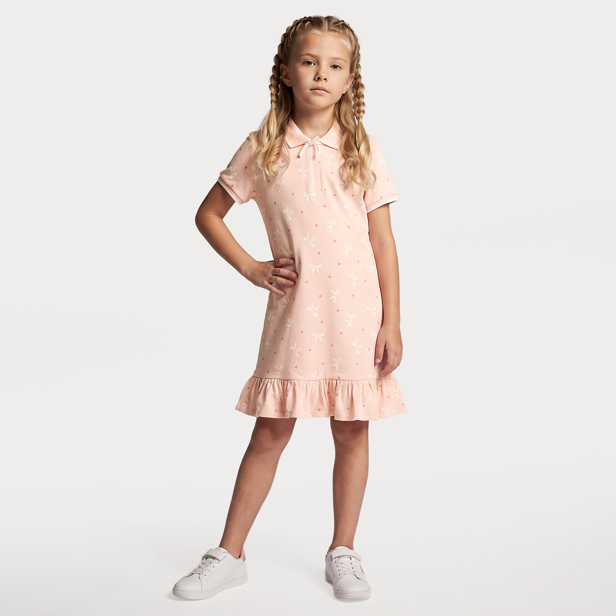 Juniors Collared Short Sleeves Knee Length Polo Dress with Bow Print-girls-clothing-dressesandjumpsuits-image-1