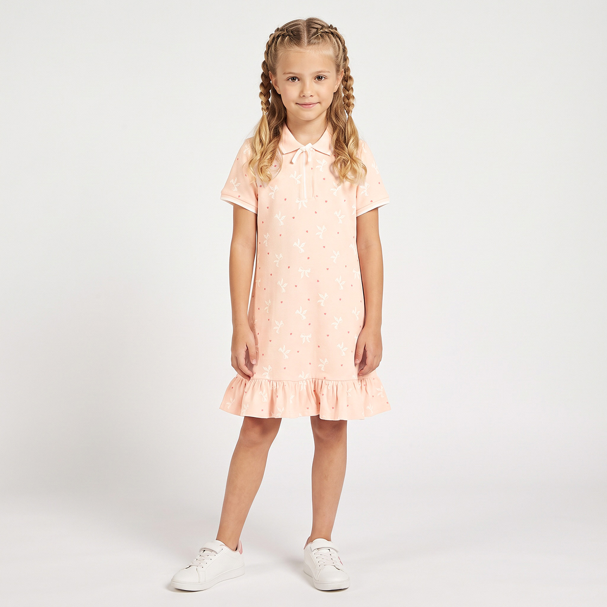 Juniors Collared Short Sleeves Knee Length Polo Dress with Bow Print-girls-clothing-dressesandjumpsuits-image-2