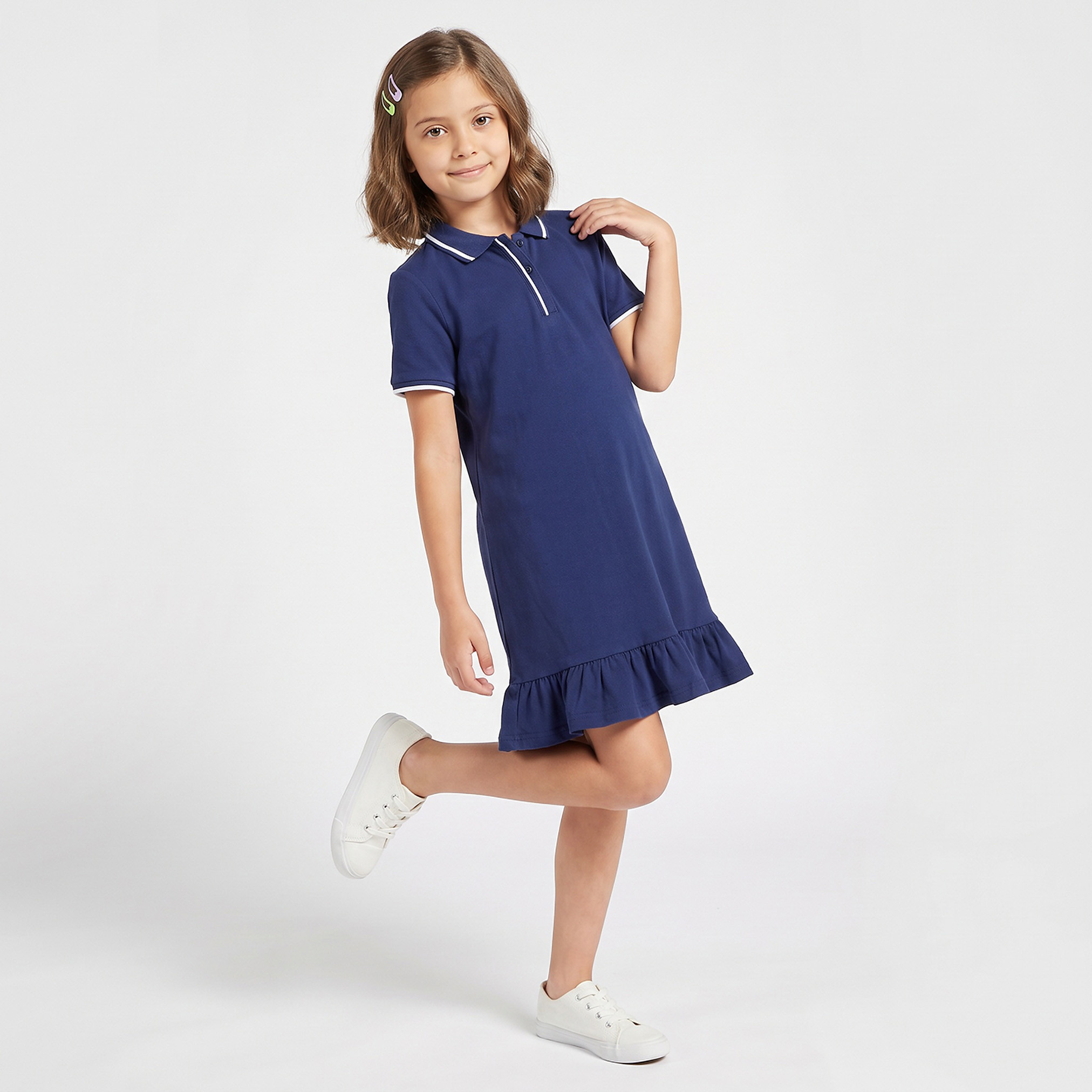 فستان بولو بطول الركبة وياقة وأكمام قصيرة وكشكش من جونيورز-girls-clothing-dressesandjumpsuits-image-1