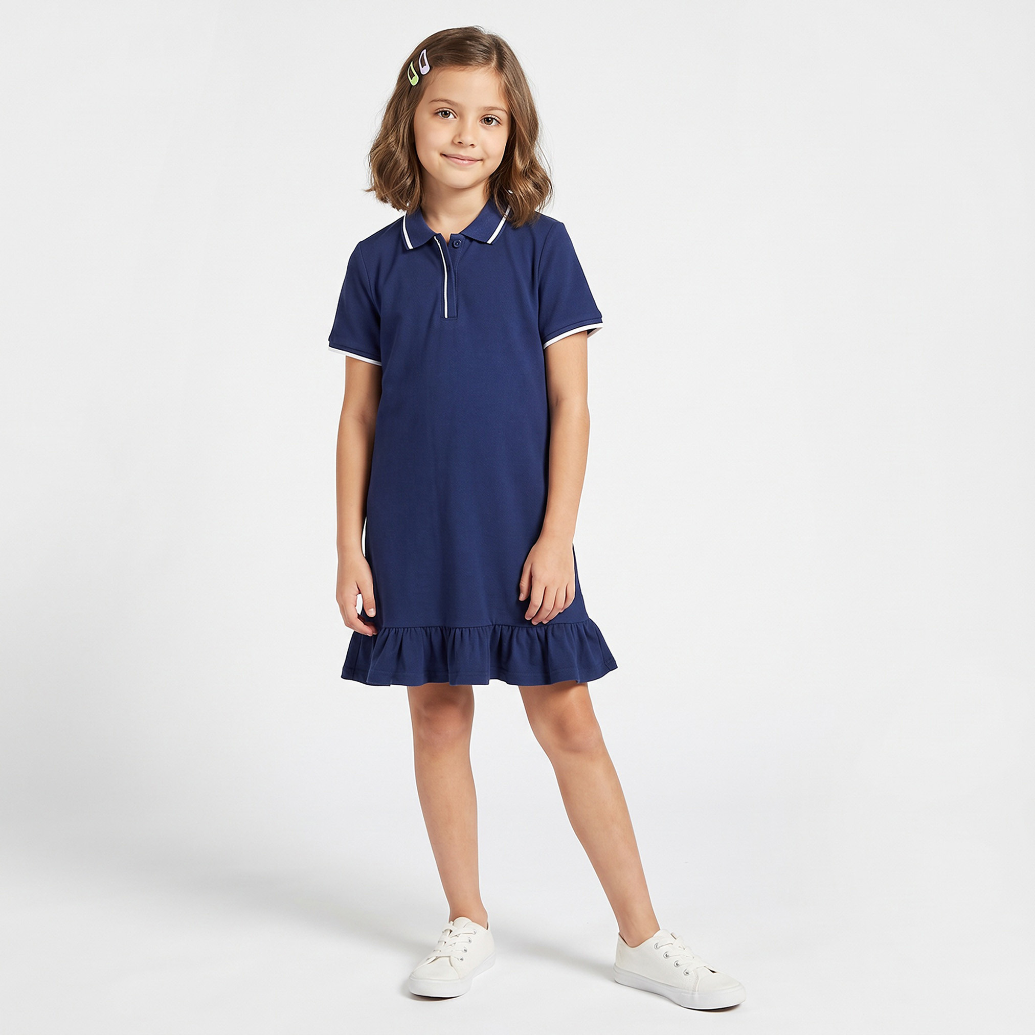 فستان بولو بطول الركبة وياقة وأكمام قصيرة وكشكش من جونيورز-girls-clothing-dressesandjumpsuits-image-2