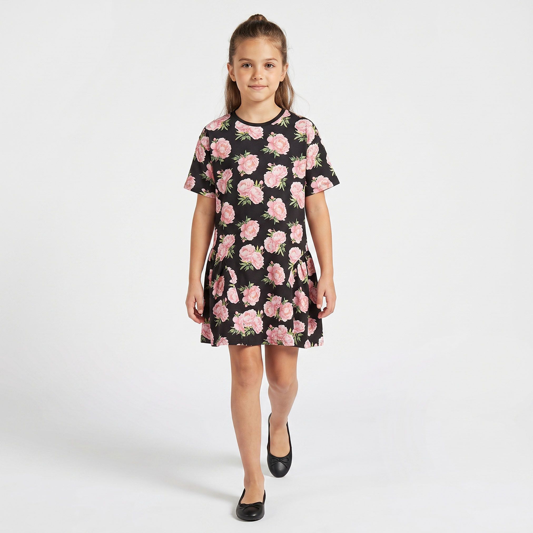 Juniors Round Neck Short Sleeves Knee Length A-line Dress with Floral Print-girls-clothing-dressesandjumpsuits-image-1