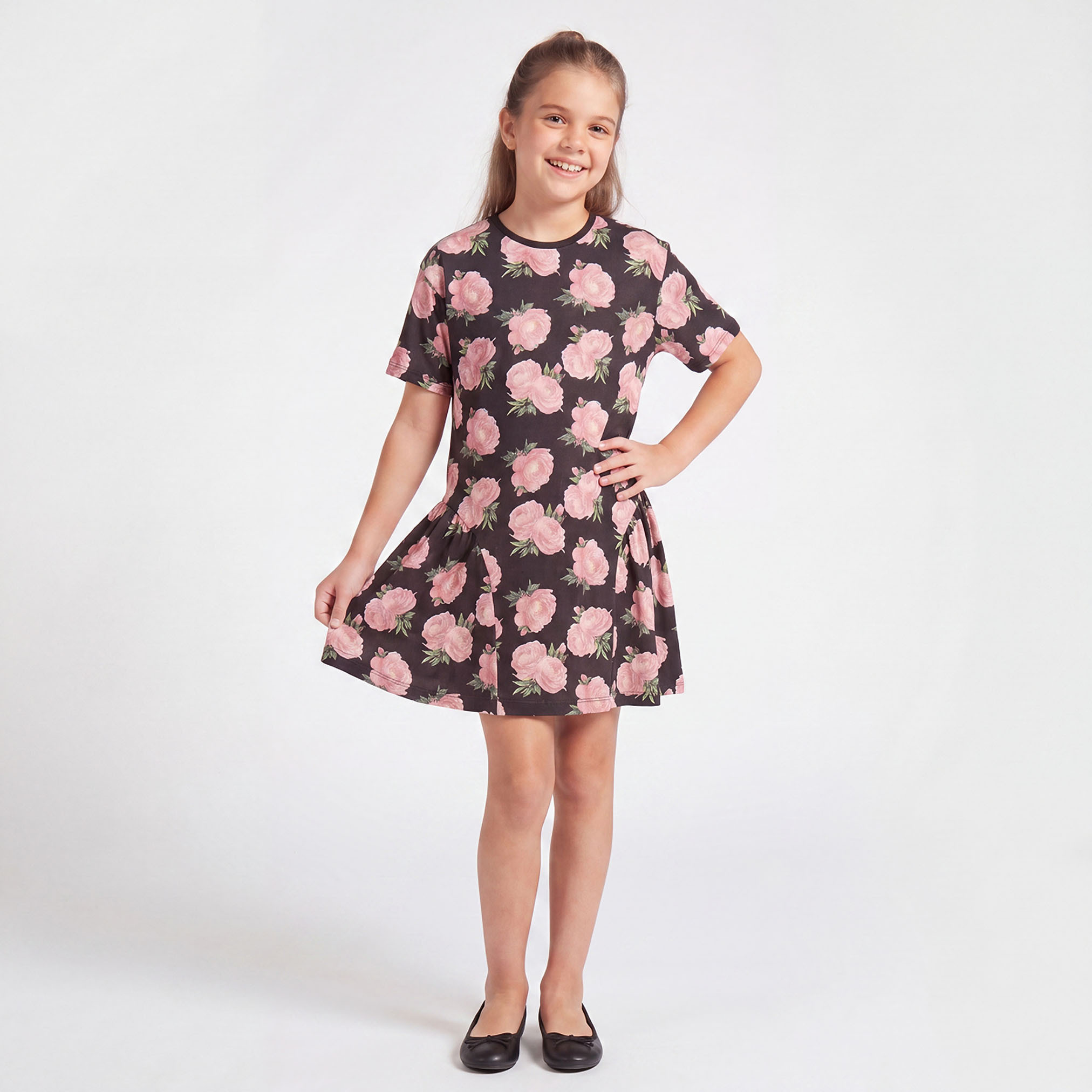 Juniors Round Neck Short Sleeves Knee Length A-line Dress with Floral Print-girls-clothing-dressesandjumpsuits-image-2