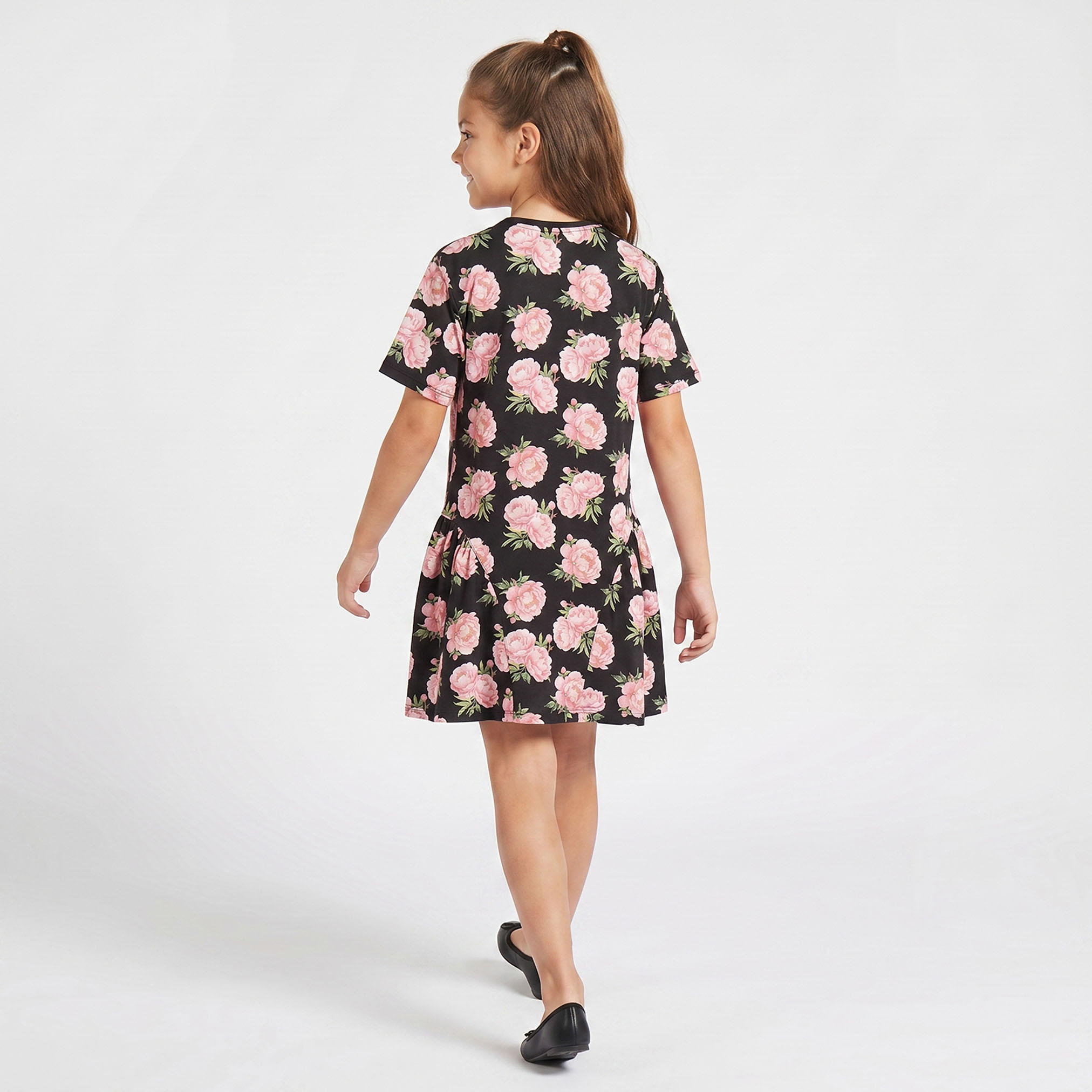 Juniors Round Neck Short Sleeves Knee Length A-line Dress with Floral Print-girls-clothing-dressesandjumpsuits-image-3