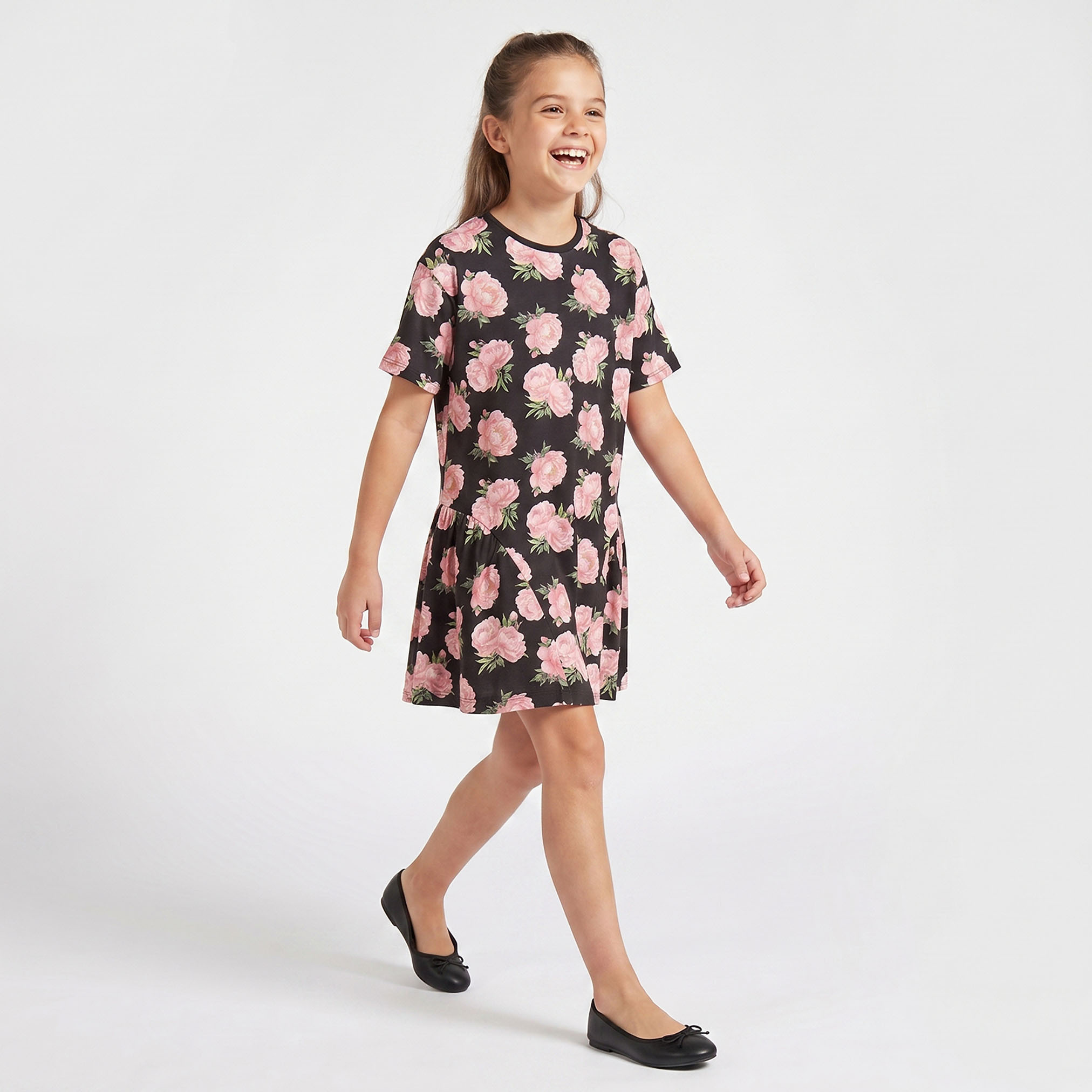 Juniors Round Neck Short Sleeves Knee Length A-line Dress with Floral Print-girls-clothing-dressesandjumpsuits-image-4