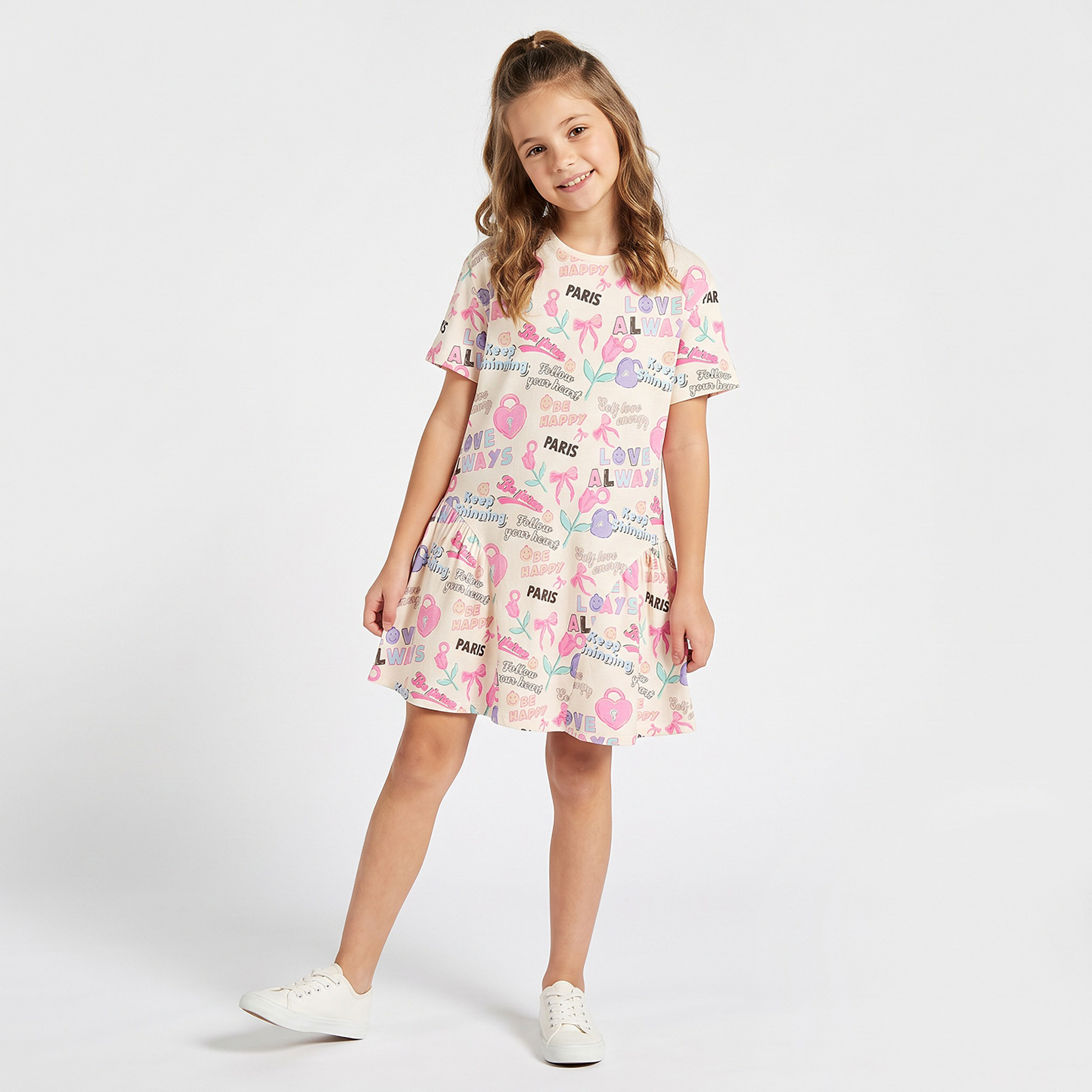 Juniors Round Neck Short Sleeves Knee Length Drop Waist Dress with Typography Print-girls-clothing-dressesandjumpsuits-image-1