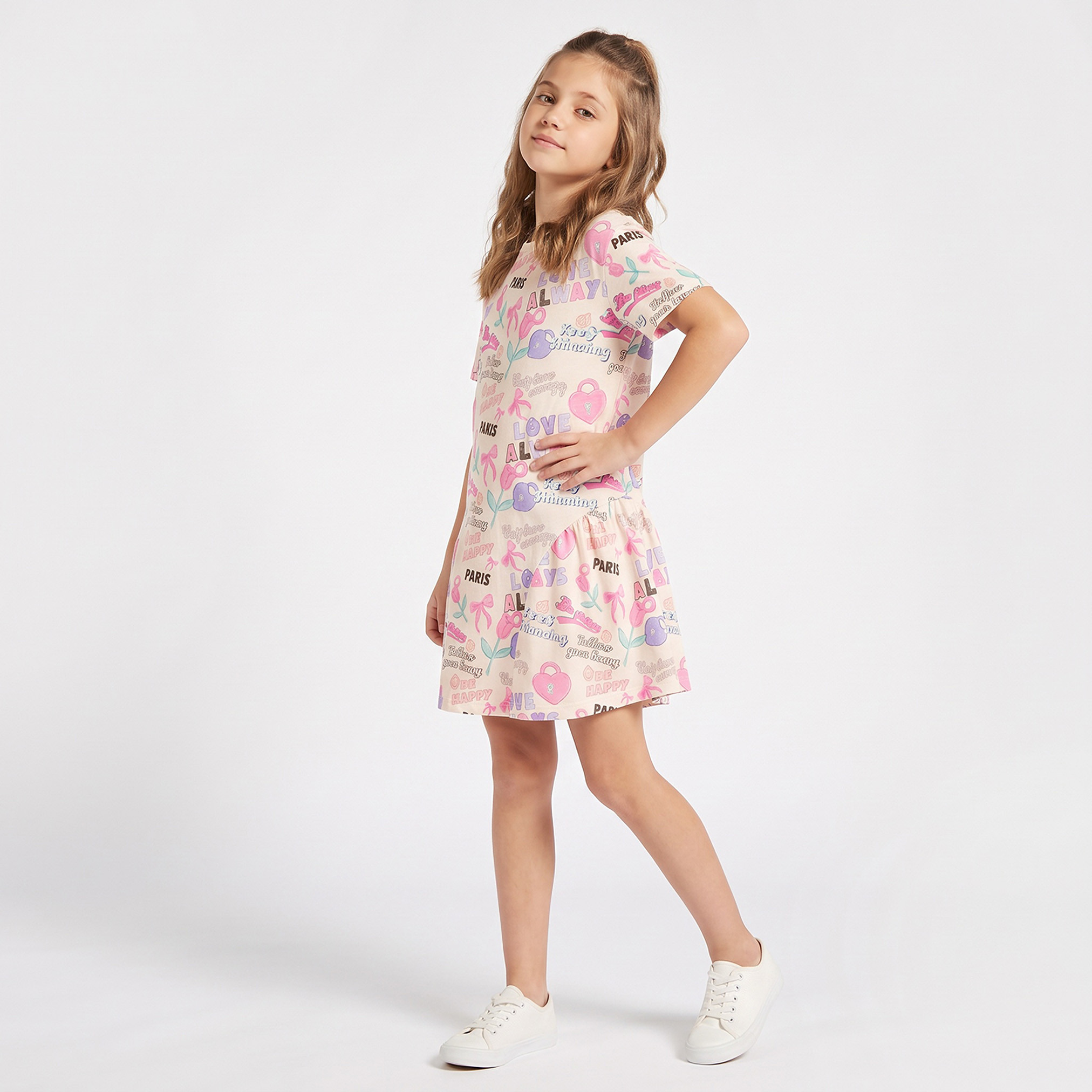 Juniors Round Neck Short Sleeves Knee Length Drop Waist Dress with Typography Print-girls-clothing-dressesandjumpsuits-image-2
