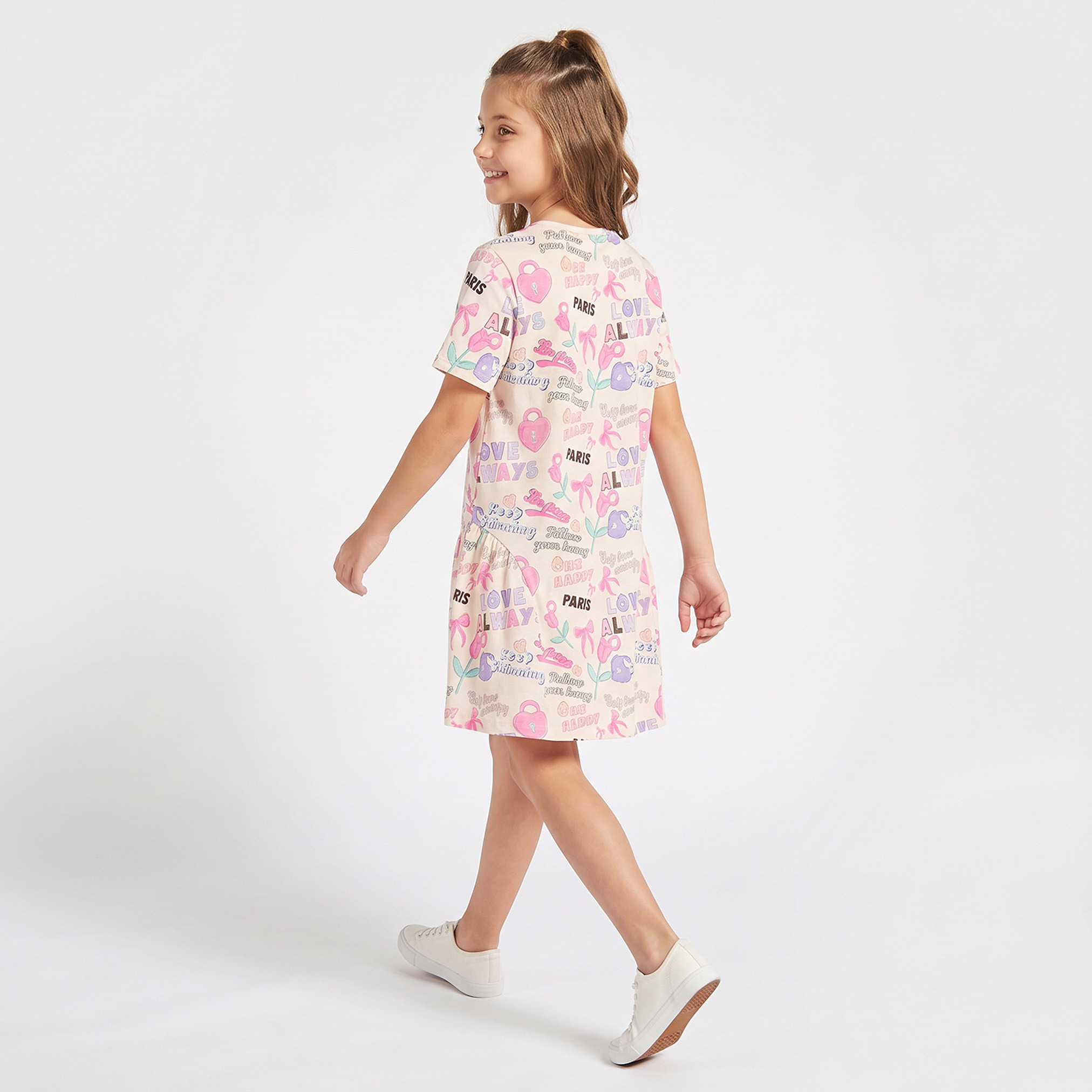 Juniors Round Neck Short Sleeves Knee Length Drop Waist Dress with Typography Print-girls-clothing-dressesandjumpsuits-image-3