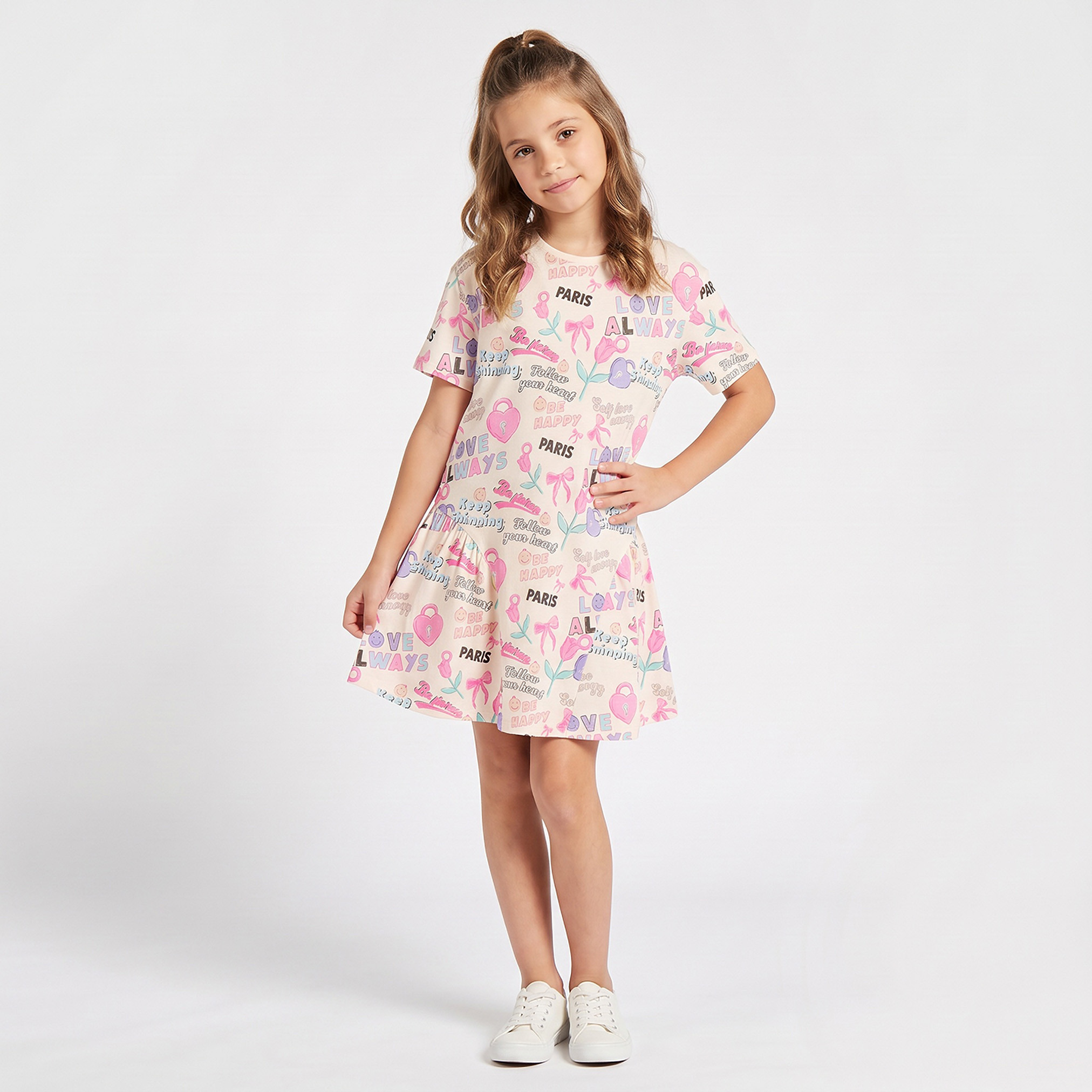 Juniors Round Neck Short Sleeves Knee Length Drop Waist Dress with Typography Print-girls-clothing-dressesandjumpsuits-image-4
