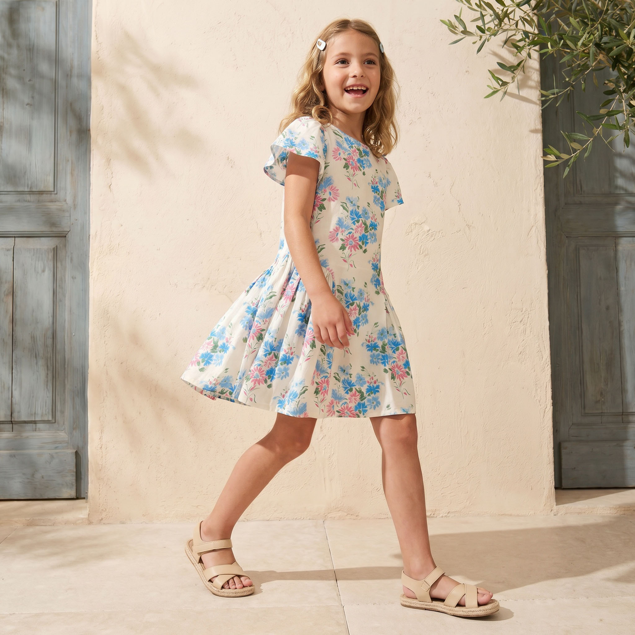Juniors Round Neck Short Sleeves Knee Length A-line Dress with Floral Print-girls-clothing-dressesandjumpsuits-image-1
