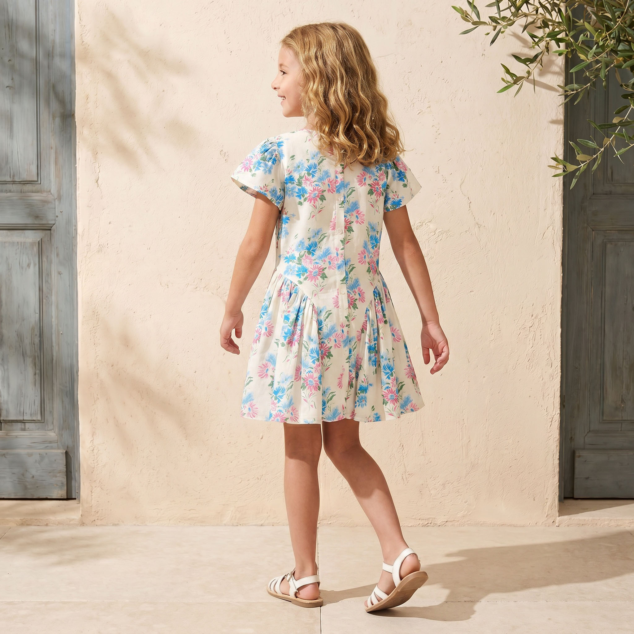 Juniors Round Neck Short Sleeves Knee Length A-line Dress with Floral Print-girls-clothing-dressesandjumpsuits-image-2