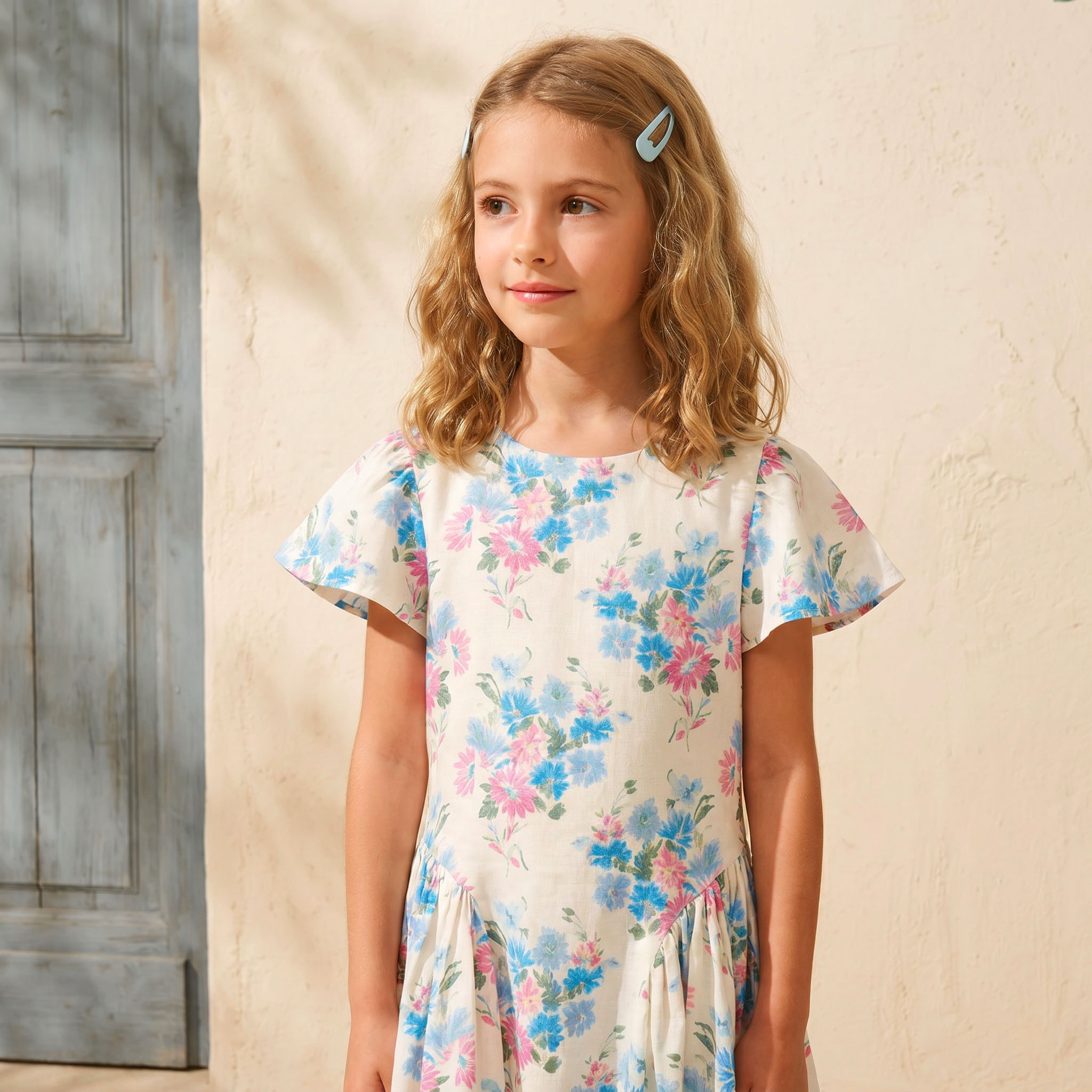 Juniors Round Neck Short Sleeves Knee Length A-line Dress with Floral Print-girls-clothing-dressesandjumpsuits-image-4