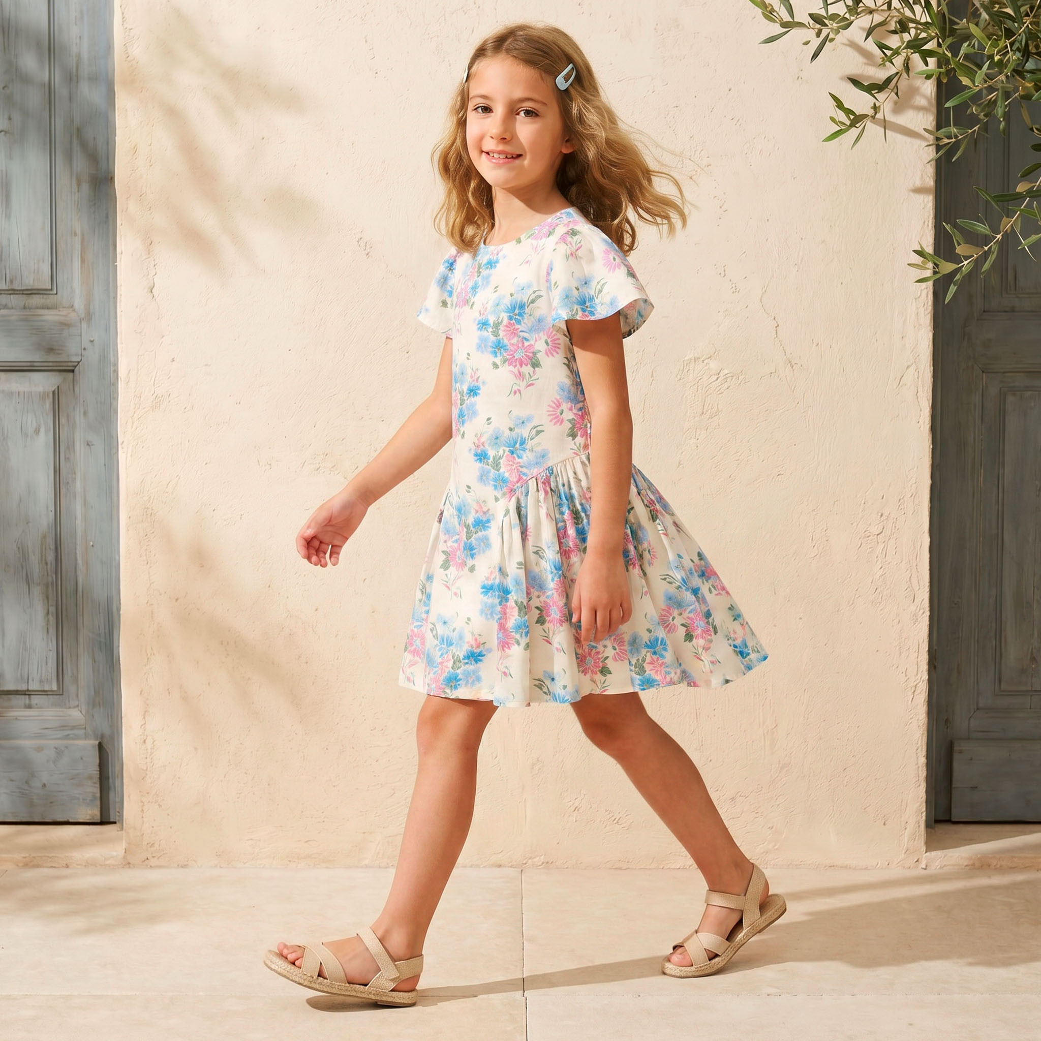 Juniors Round Neck Short Sleeves Knee Length A-line Dress with Floral Print-girls-clothing-dressesandjumpsuits-image-5