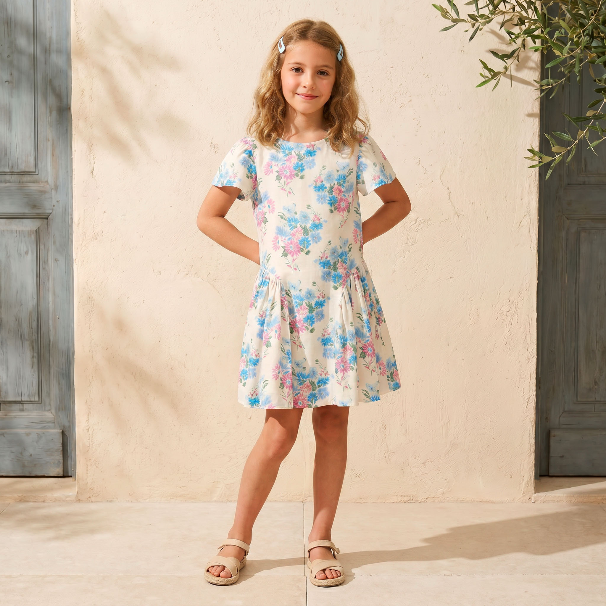 Juniors Round Neck Short Sleeves Knee Length A-line Dress with Floral Print-girls-clothing-dressesandjumpsuits-image-6