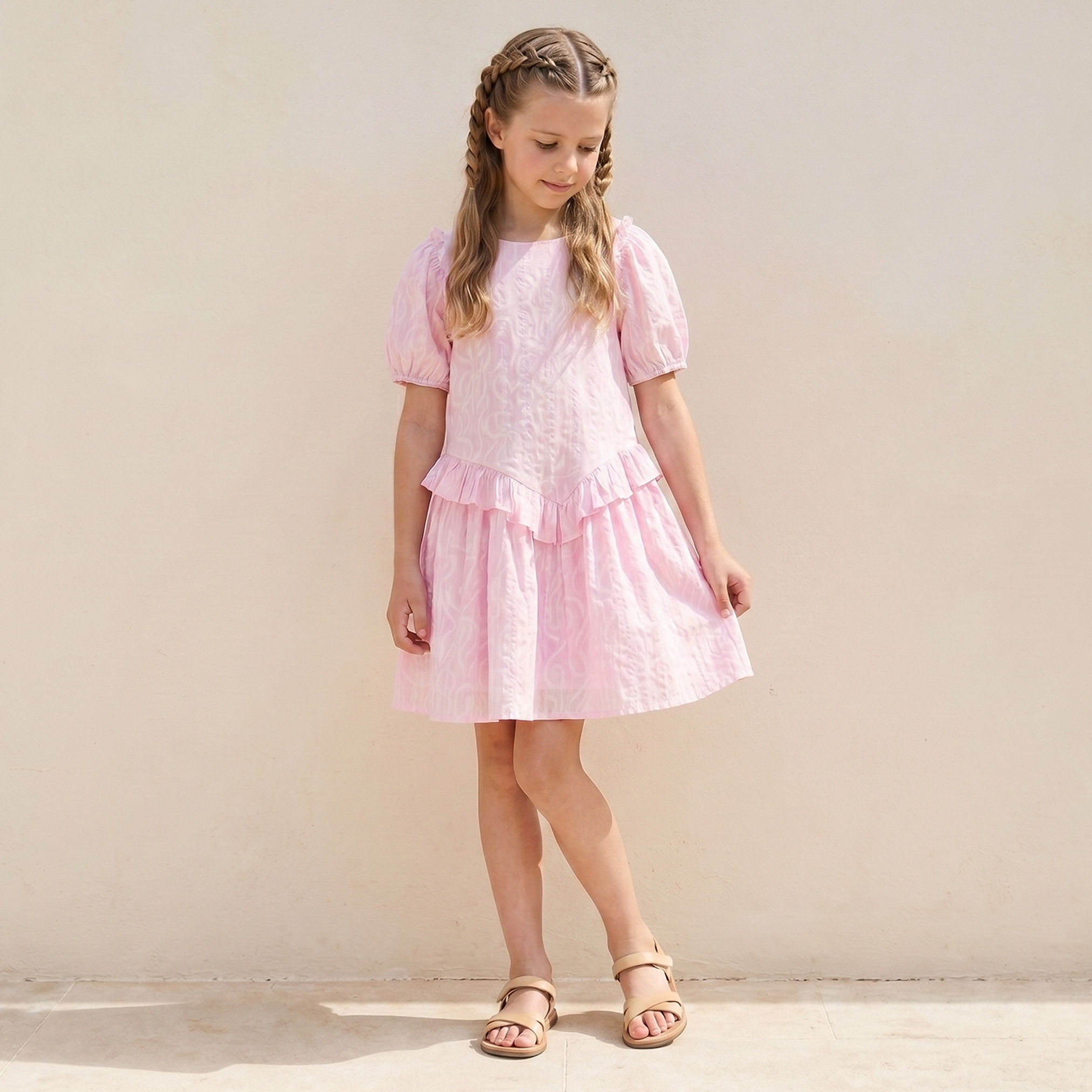 Juniors Round Neck Short Sleeves Knee Length Dress with Floral Print-girls-clothing-dressesandjumpsuits-image-1