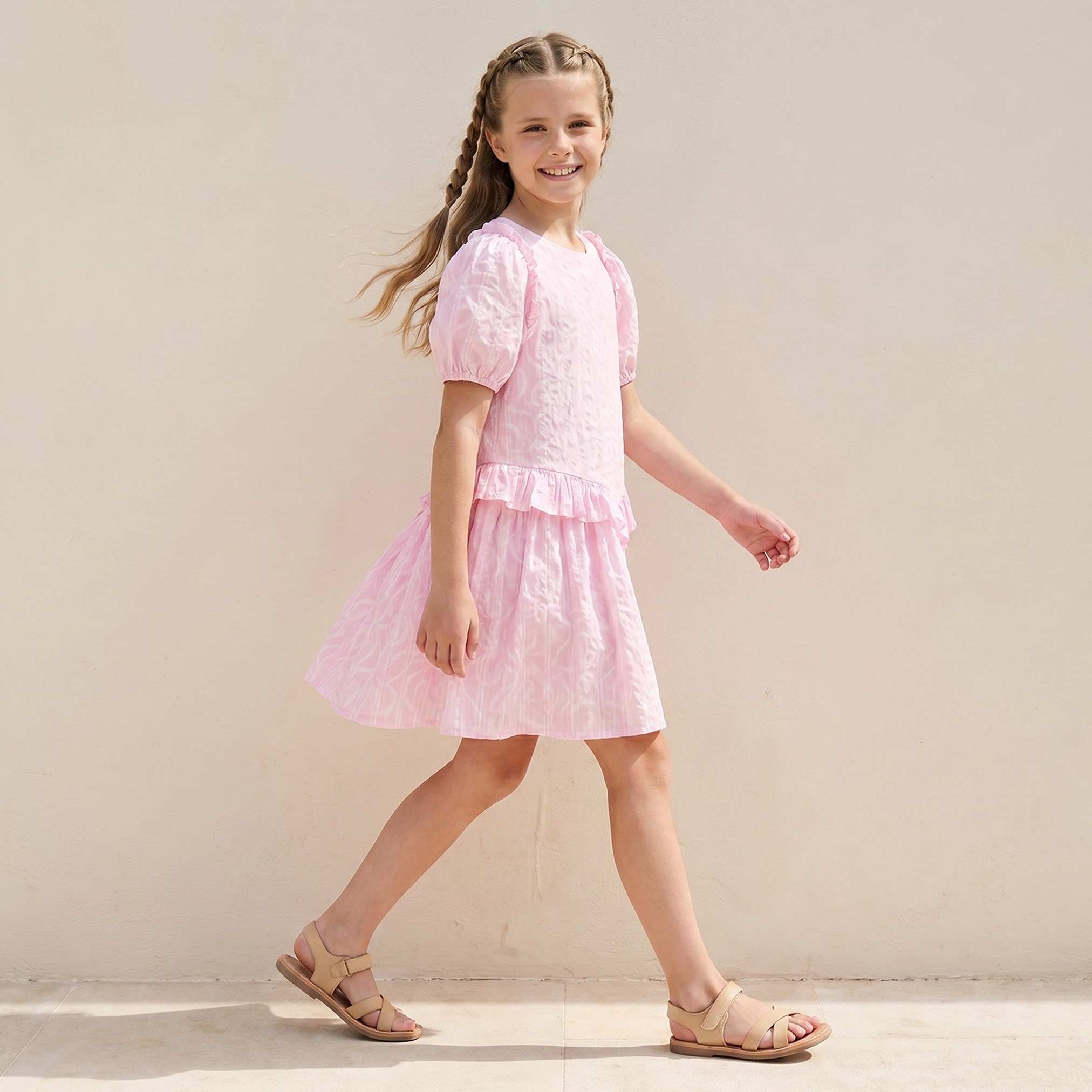 Juniors Round Neck Short Sleeves Knee Length Dress with Floral Print-girls-clothing-dressesandjumpsuits-image-4