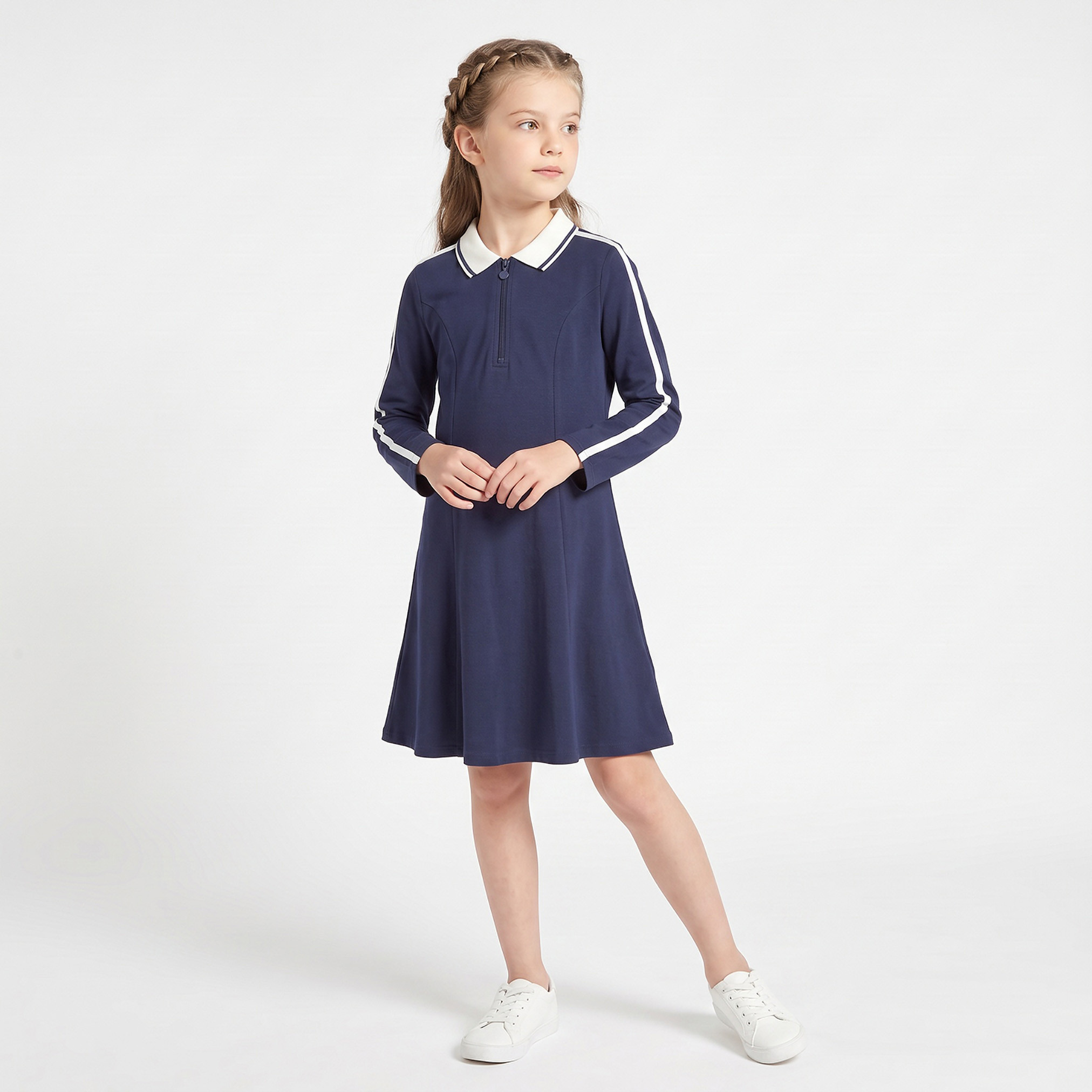 Juniors Collared Long Sleeves Knee Length Dress with Zip Closure-girls-clothing-dressesandjumpsuits-image-1