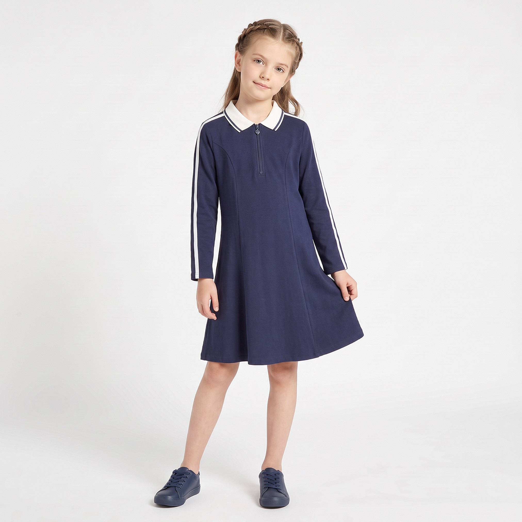 Juniors Collared Long Sleeves Knee Length Dress with Zip Closure-girls-clothing-dressesandjumpsuits-image-4
