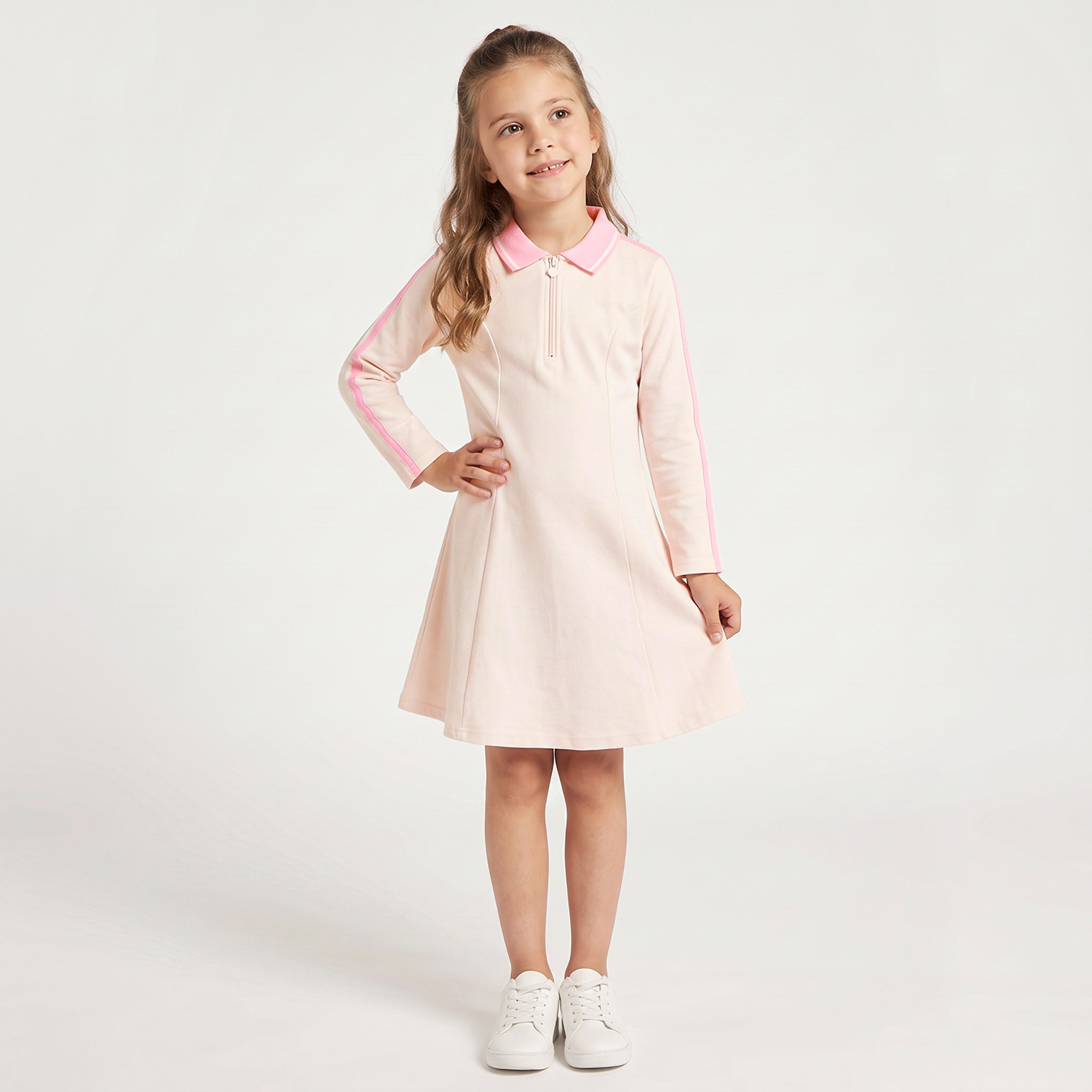 فستان بولو بطول الركبة وياقة وأكمام طويلة وشريط متباين من جونيورز-girls-clothing-dressesandjumpsuits-image-1