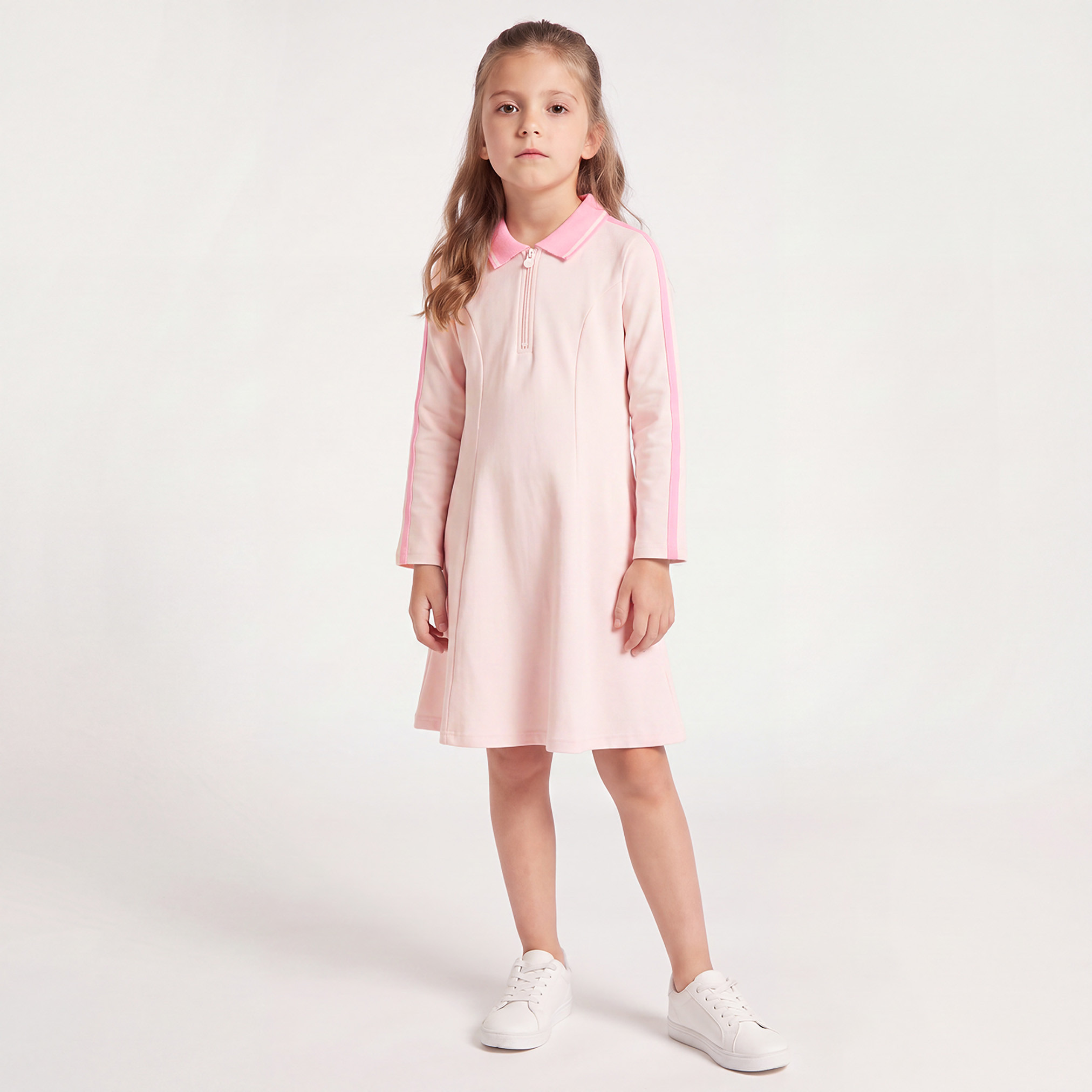 فستان بولو بطول الركبة وياقة وأكمام طويلة وشريط متباين من جونيورز-girls-clothing-dressesandjumpsuits-image-6