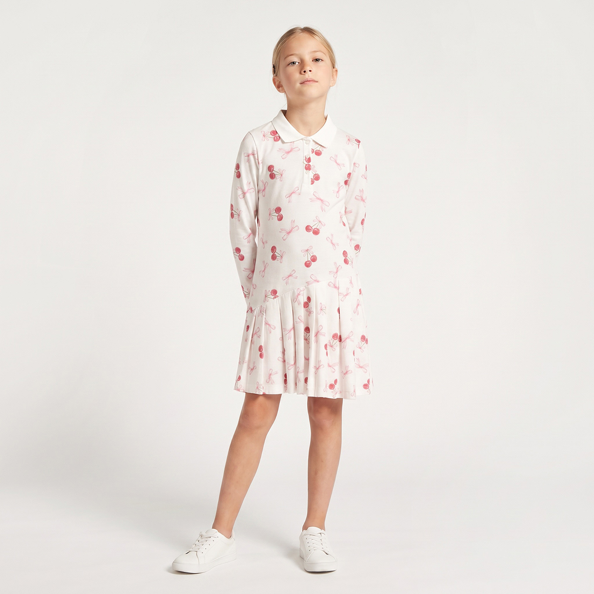 Juniors Collared Long Sleeves Knee Length Polo Dress with Cherry Print-girls-clothing-dressesandjumpsuits-image-1