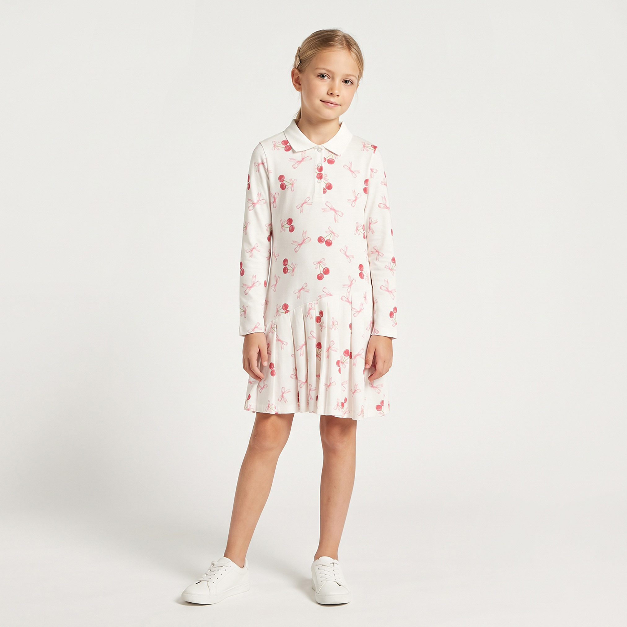 Juniors Collared Long Sleeves Knee Length Polo Dress with Cherry Print-girls-clothing-dressesandjumpsuits-image-2