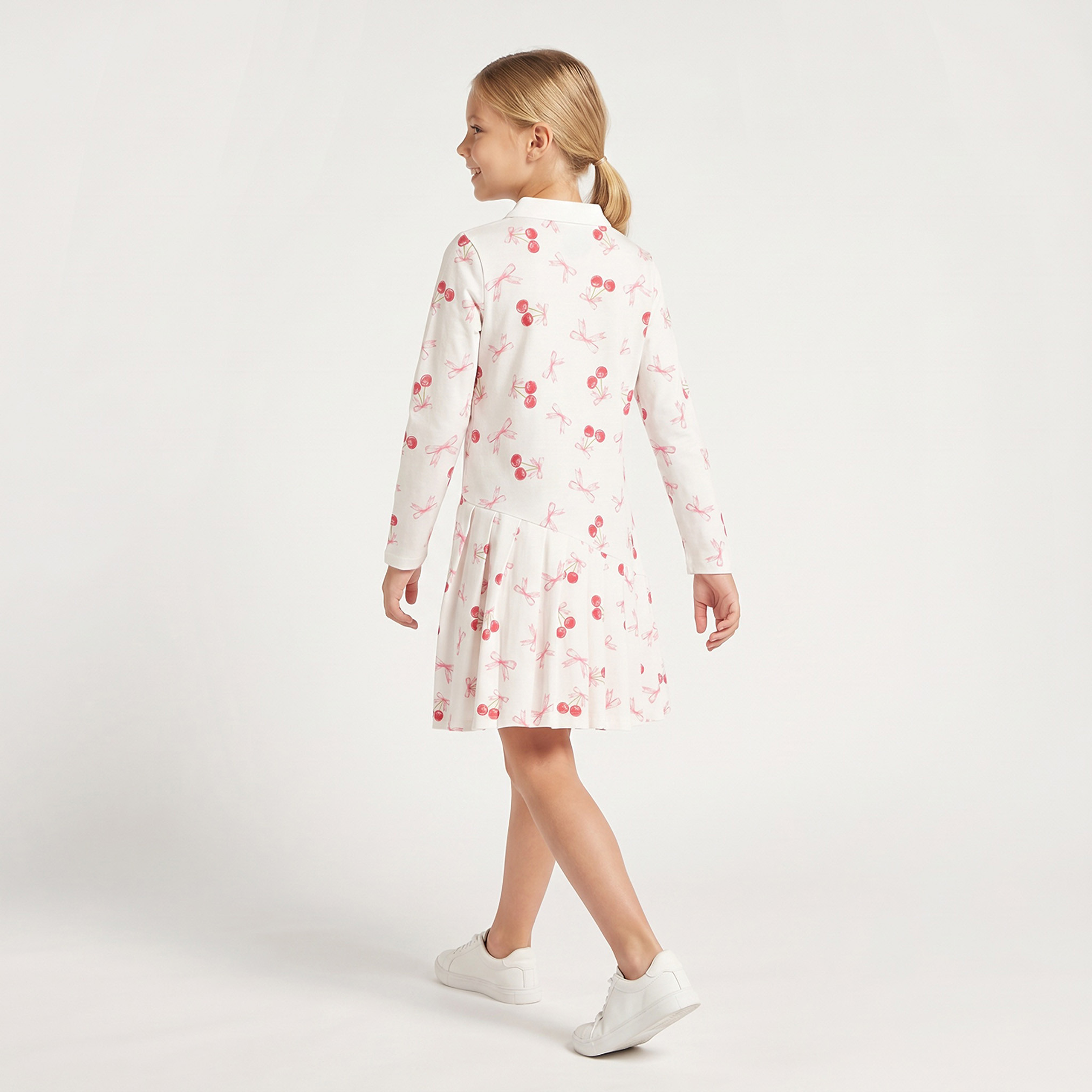 Juniors Collared Long Sleeves Knee Length Polo Dress with Cherry Print-girls-clothing-dressesandjumpsuits-image-3