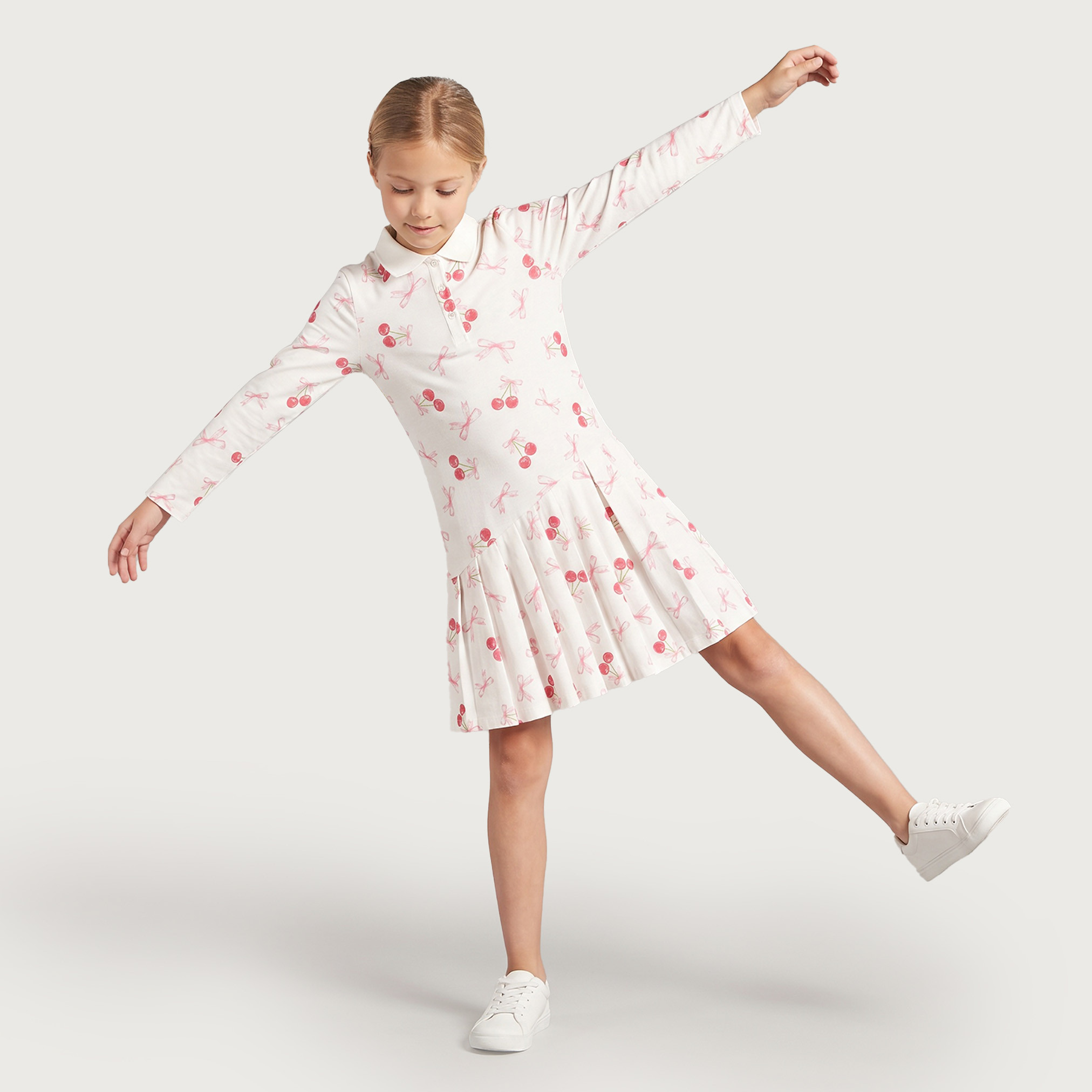 Juniors Collared Long Sleeves Knee Length Polo Dress with Cherry Print-girls-clothing-dressesandjumpsuits-image-4