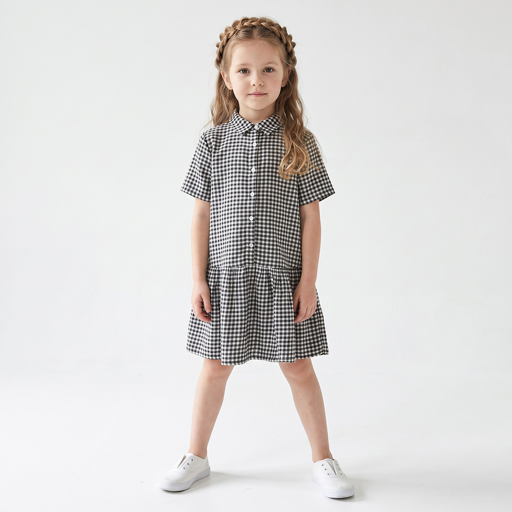 Juniors Collared Short Sleeves Shirt Dress with Checks-girls-clothing-dressesandjumpsuits-image-1