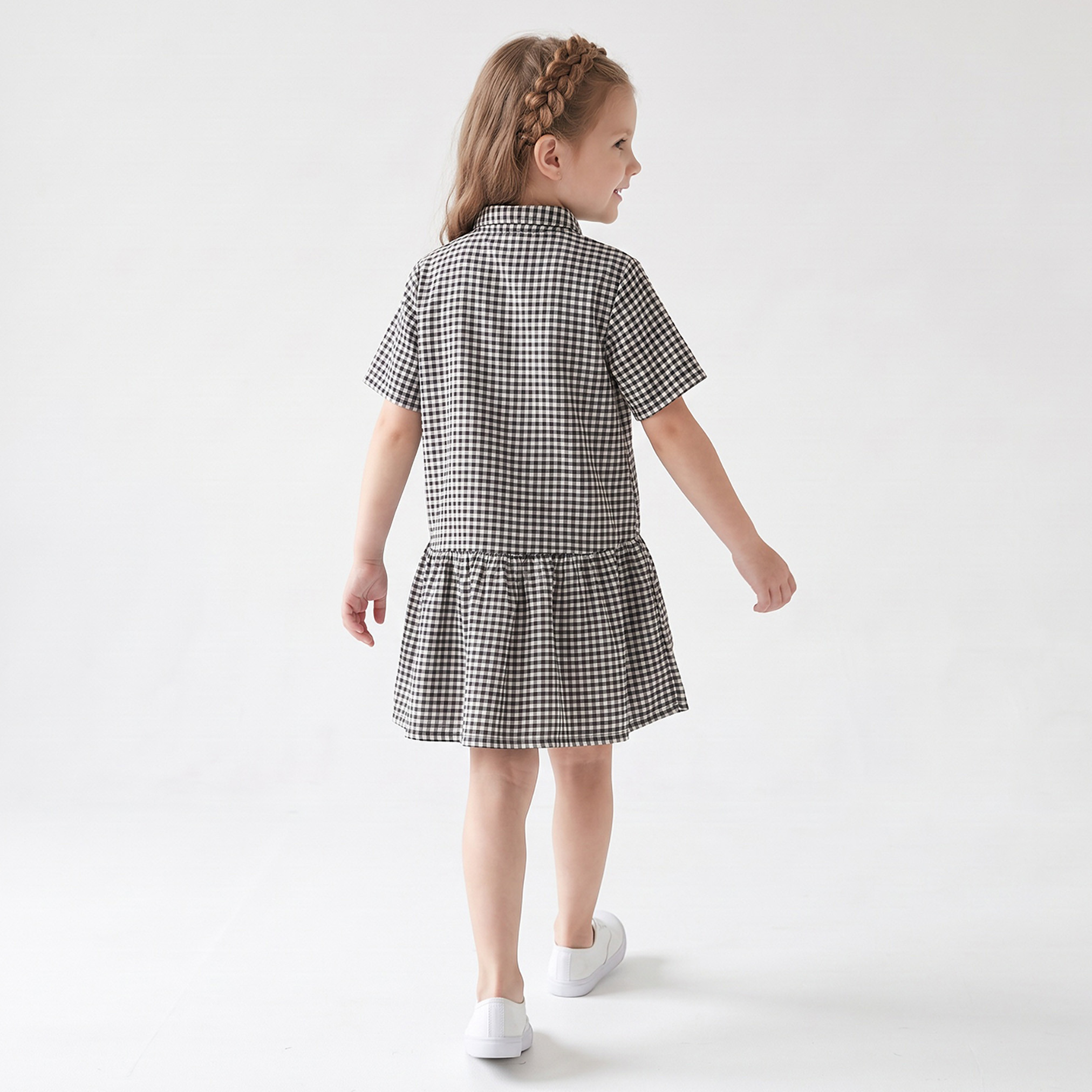 Juniors Collared Short Sleeves Shirt Dress with Checks-girls-clothing-dressesandjumpsuits-image-2