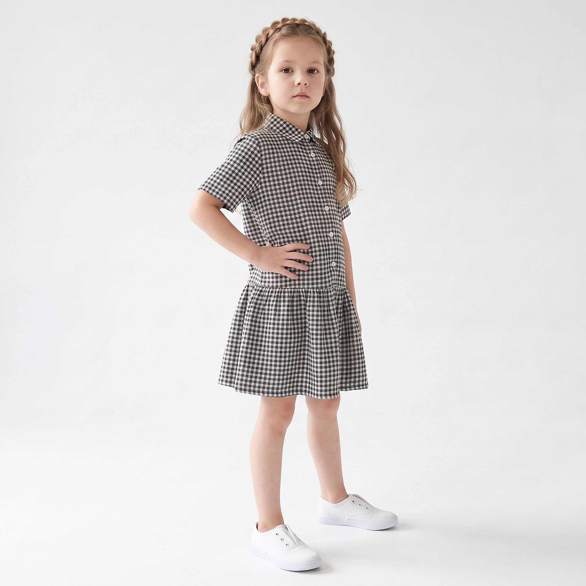 Juniors Collared Short Sleeves Shirt Dress with Checks-girls-clothing-dressesandjumpsuits-image-5