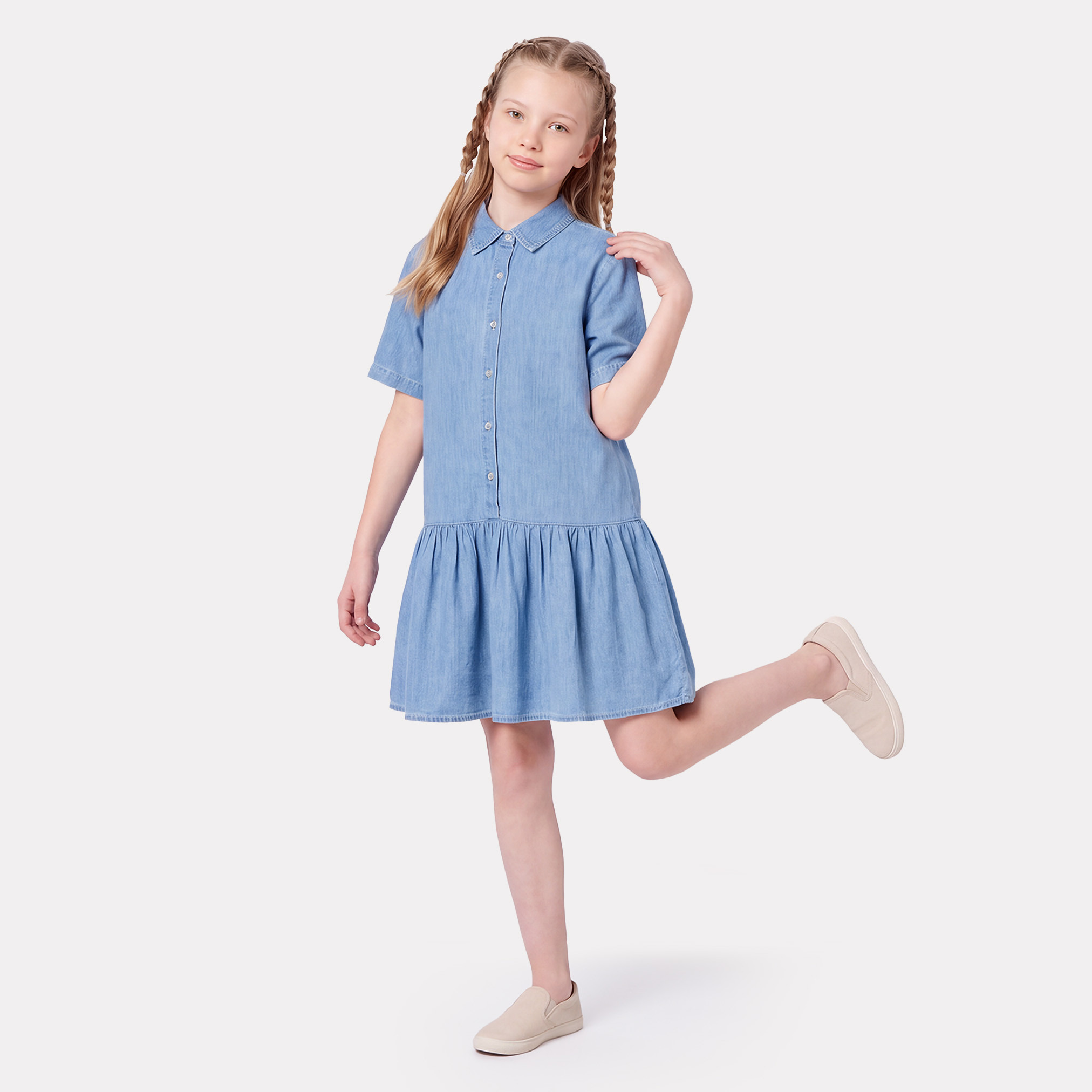 Juniors Collared Short Sleeves Knee Length Denim Drop-Waist Dress with Tiered Detail-girls-clothing-dressesandjumpsuits-image-1