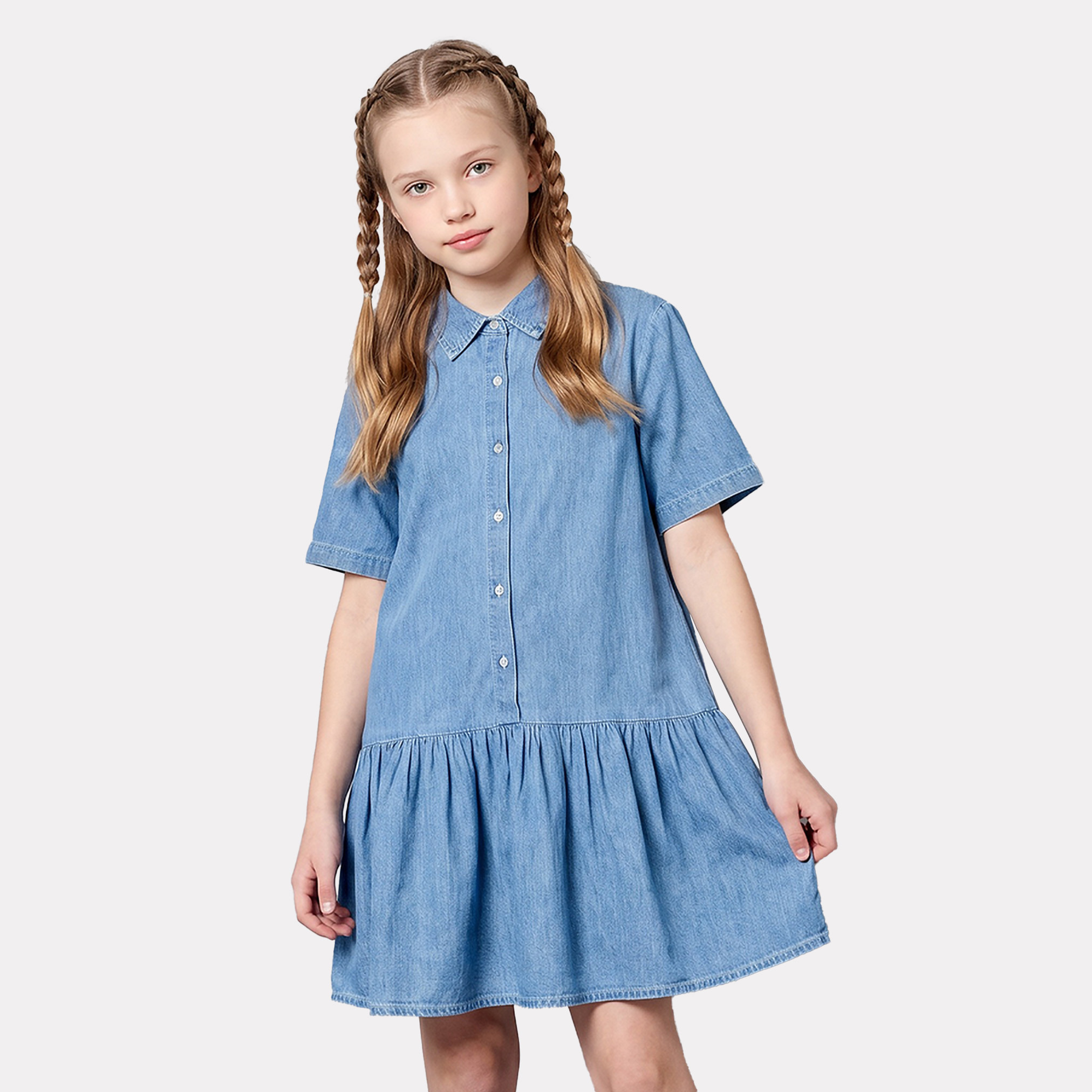 Juniors Collared Short Sleeves Knee Length Denim Drop-Waist Dress with Tiered Detail-girls-clothing-dressesandjumpsuits-image-6