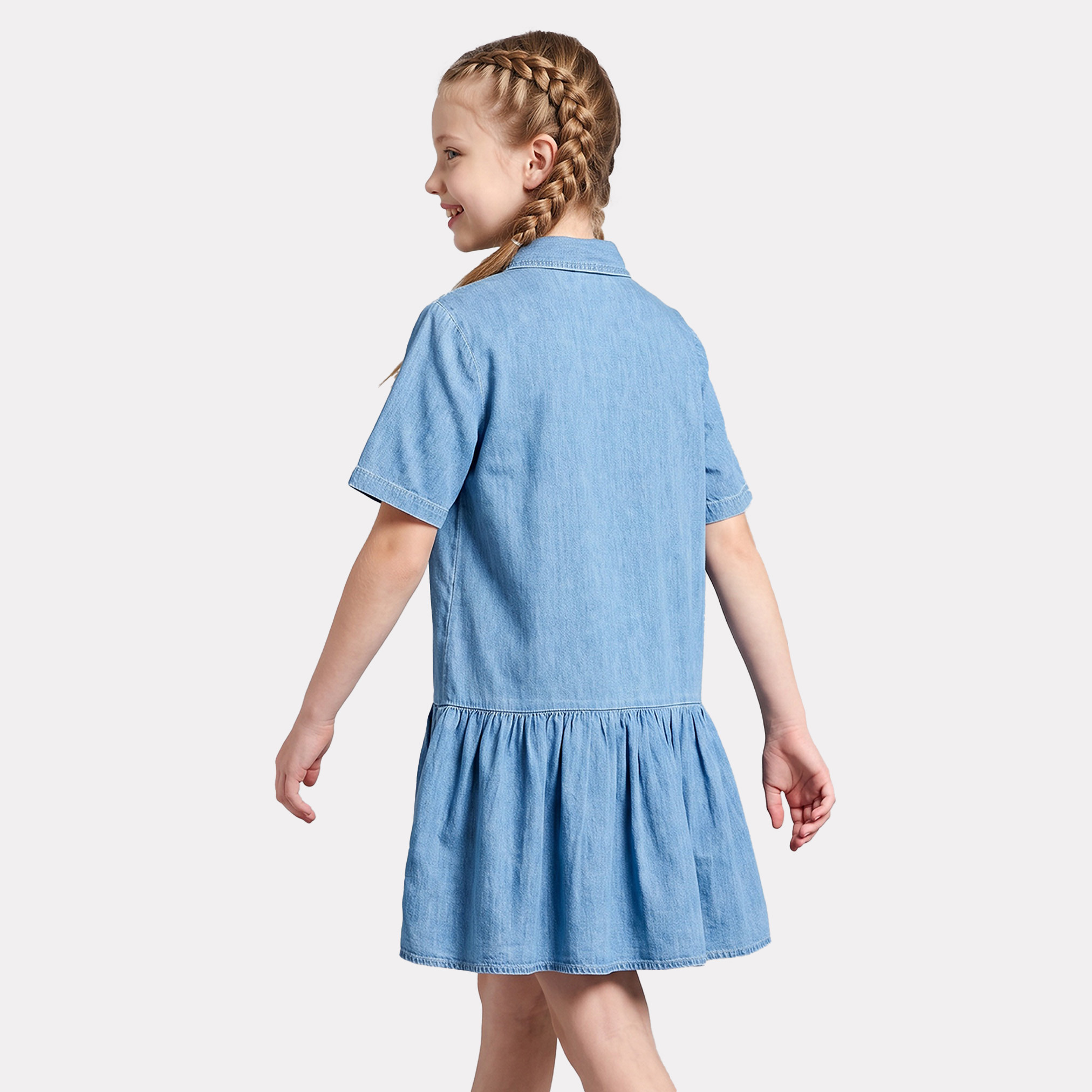 Juniors Collared Short Sleeves Knee Length Denim Drop-Waist Dress with Tiered Detail-girls-clothing-dressesandjumpsuits-image-2