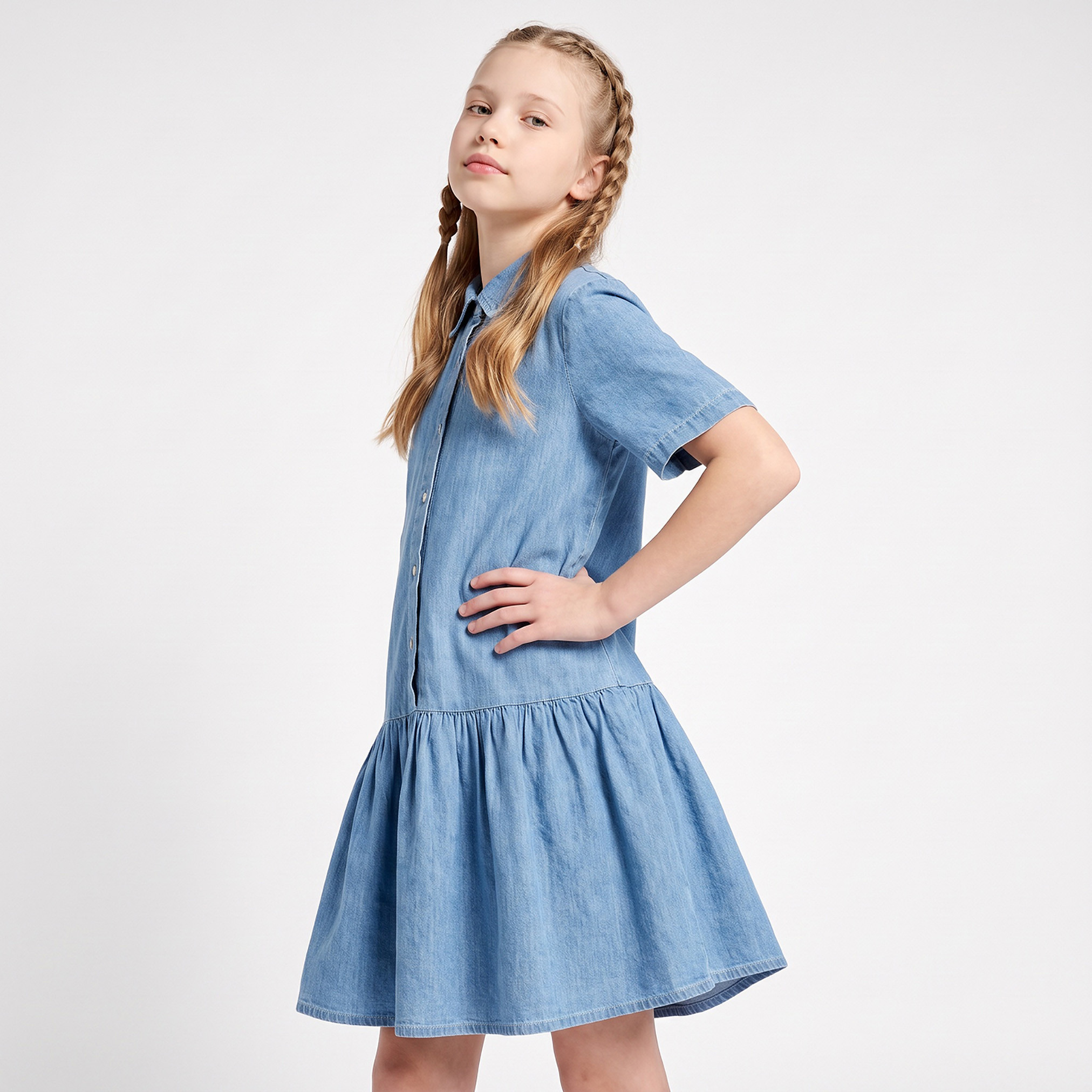 Juniors Collared Short Sleeves Knee Length Denim Drop-Waist Dress with Tiered Detail-girls-clothing-dressesandjumpsuits-image-5