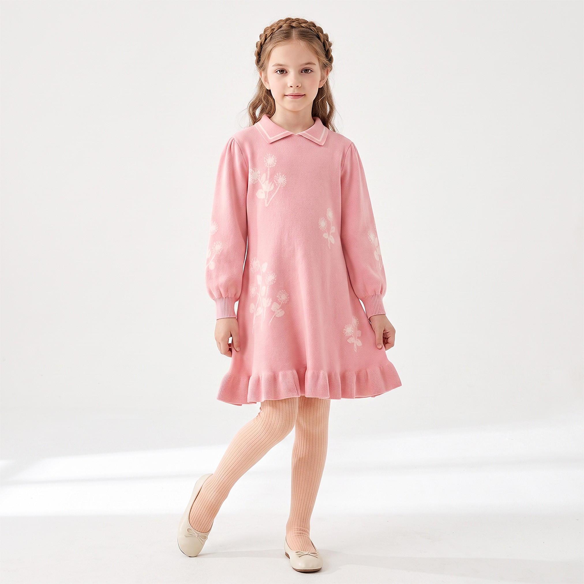 Juniors Collared Long Sleeves Knee Length A-line Dress with Floral Print-girls-clothing-dressesandjumpsuits-image-1