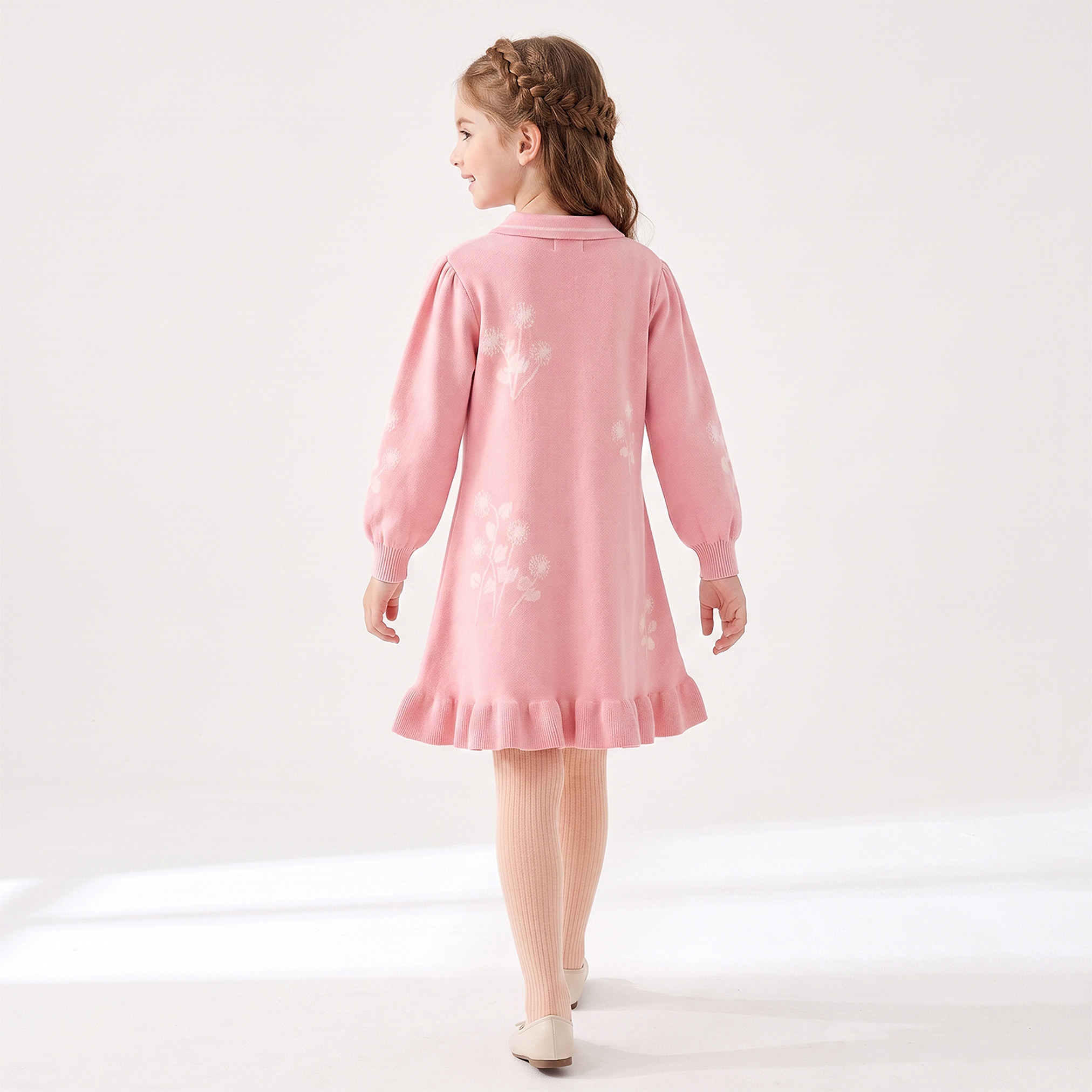 Juniors Collared Long Sleeves Knee Length A-line Dress with Floral Print-girls-clothing-dressesandjumpsuits-image-2