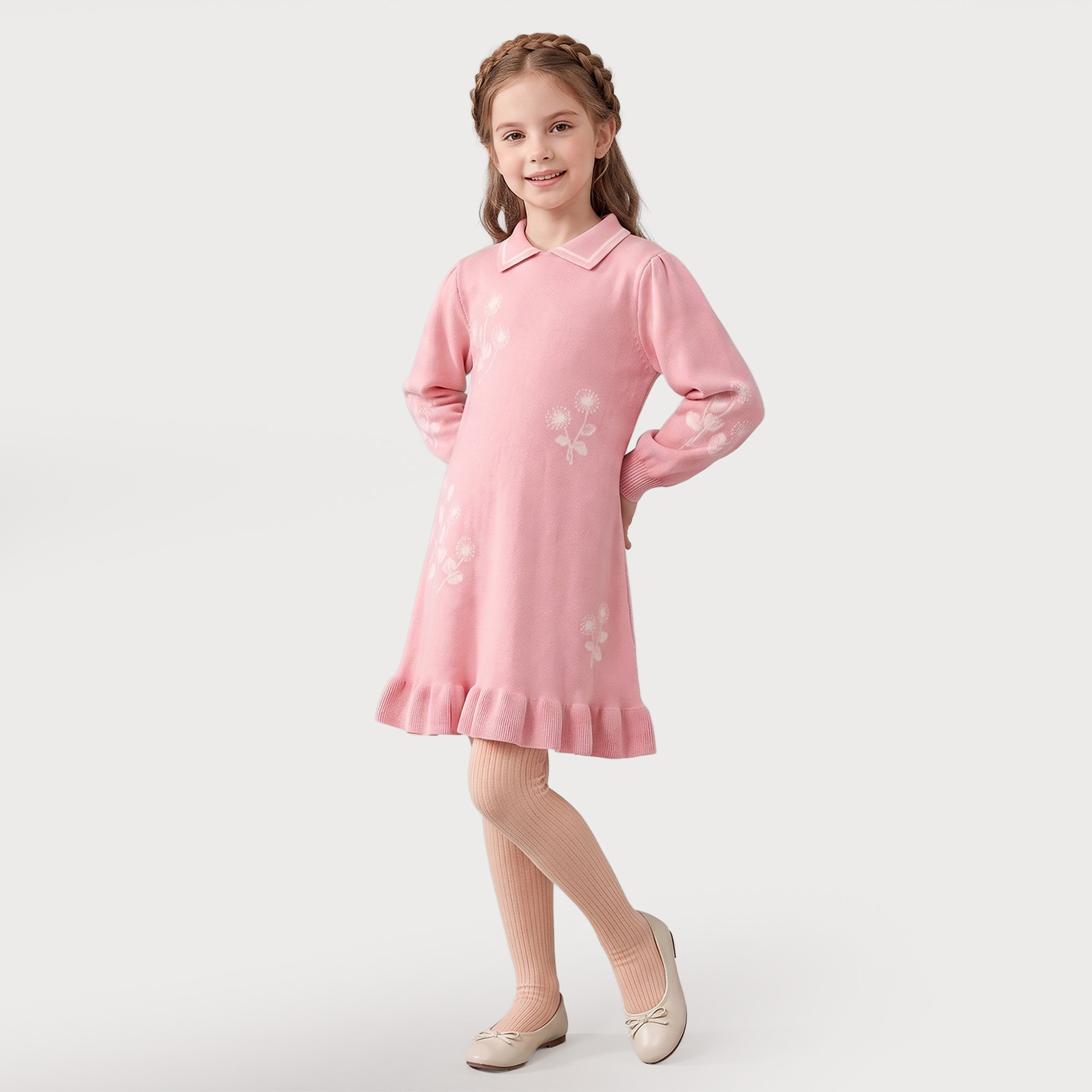 Juniors Collared Long Sleeves Knee Length A-line Dress with Floral Print-girls-clothing-dressesandjumpsuits-image-3