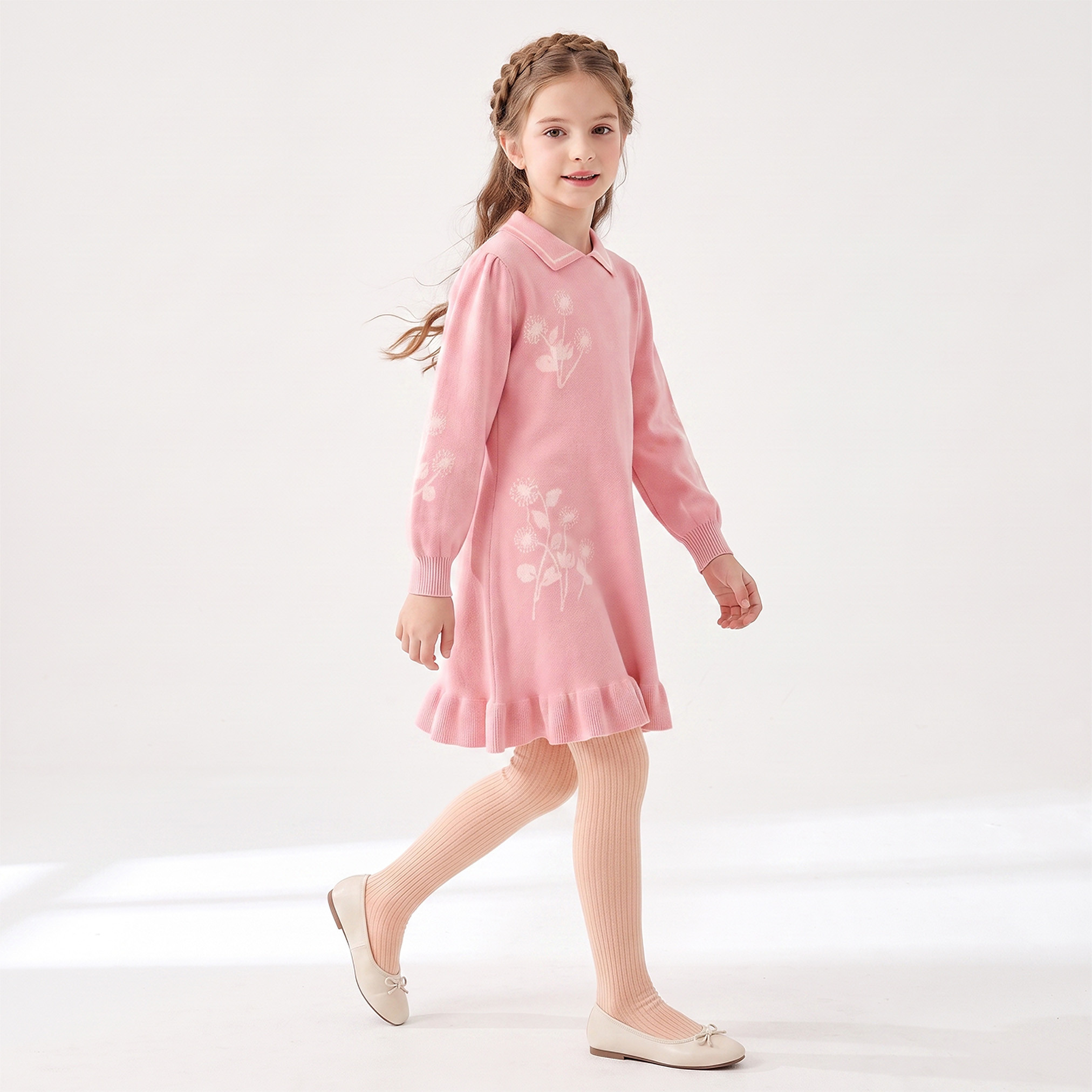 Juniors Collared Long Sleeves Knee Length A-line Dress with Floral Print-girls-clothing-dressesandjumpsuits-image-4