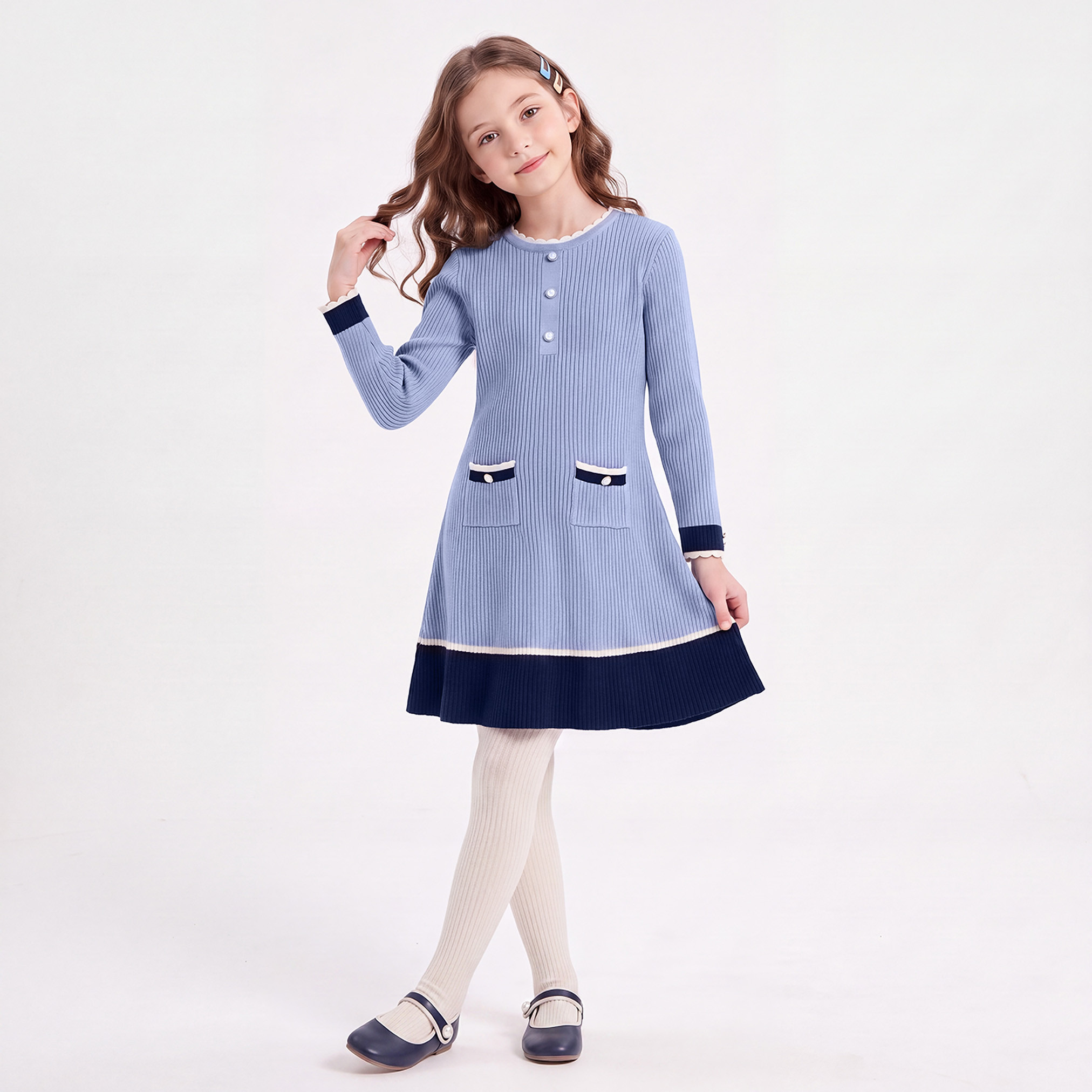 فستان إيه لاين طول الركبة بأكمام طويلة وبياقة مستديرة مع جوارب من جونيورز-girls-clothing-dressesandjumpsuits-image-2