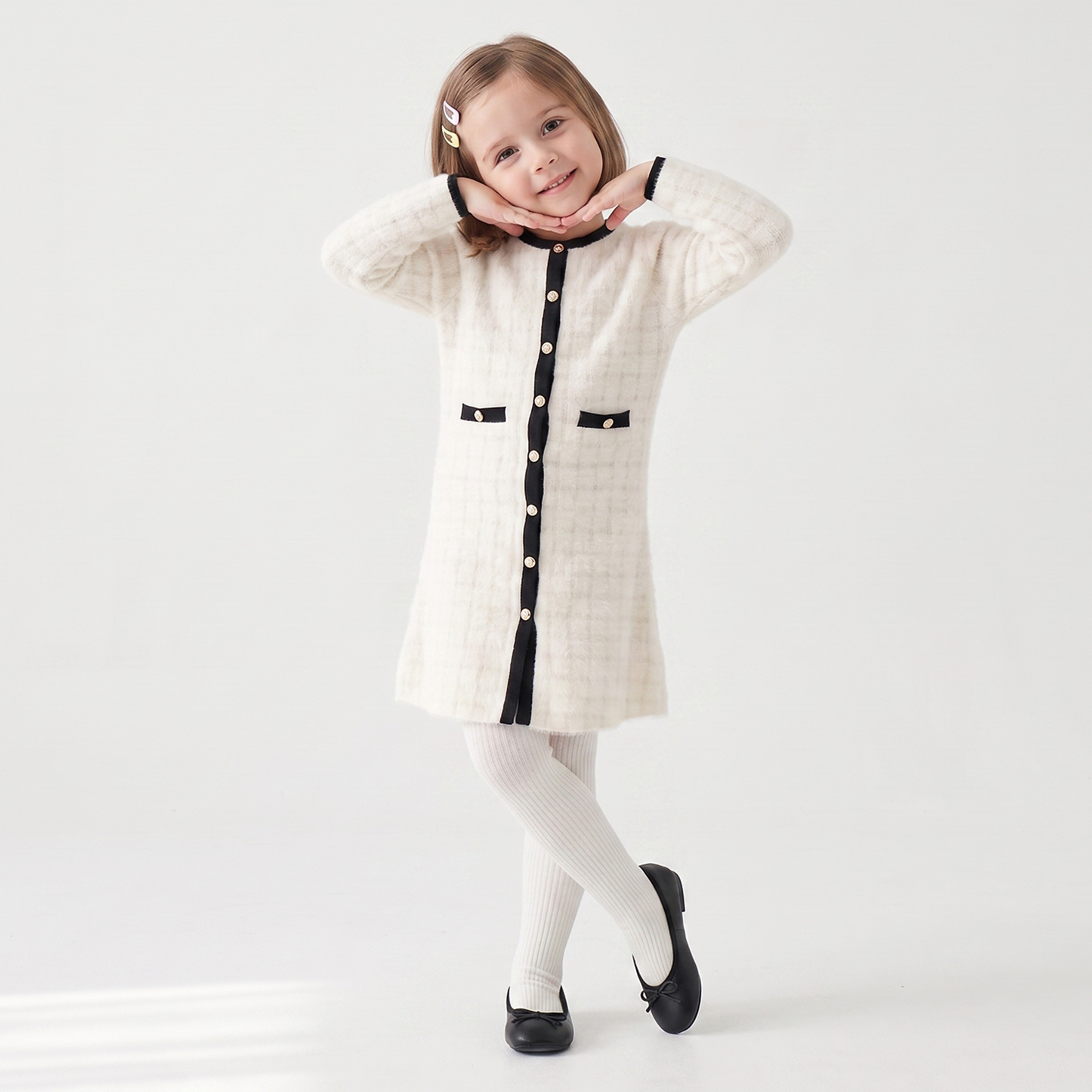 Juniors Round Neck Long Sleeves Cardigan Dress and Tights with Checked Print-girls-clothing-dressesandjumpsuits-image-1
